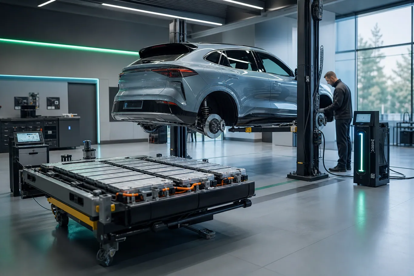 Técnico revisando un coche eléctrico BYD en el taller