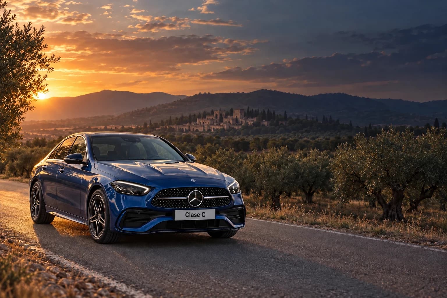 Mercedes-Benz Clase C azul en una carretera entre olivares a las afueras de Córdoba al atardecer