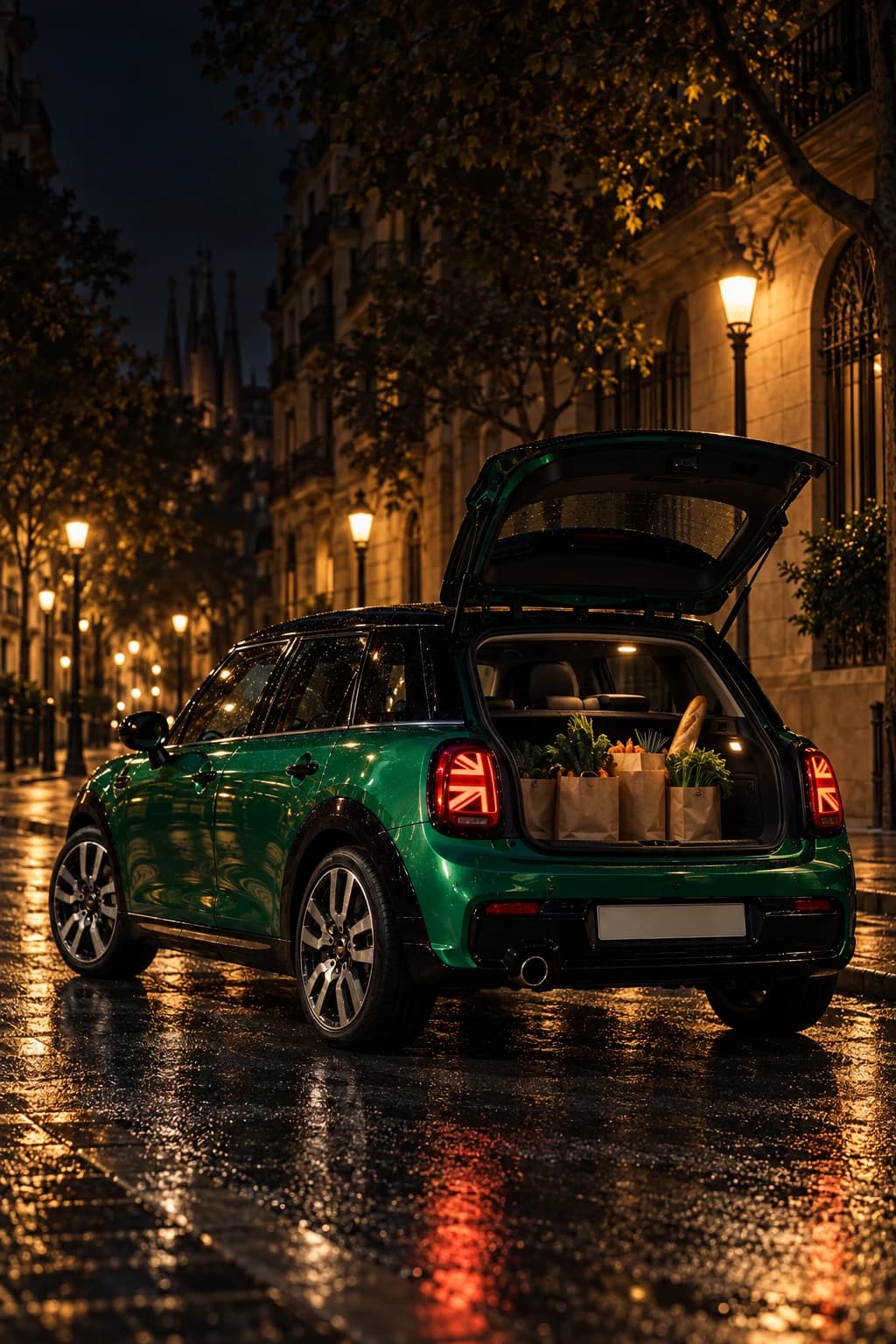 MINI Cooper 5 puertas verde de noche en Barcelona, con el portón abierto y bolsas de la compra en el maletero