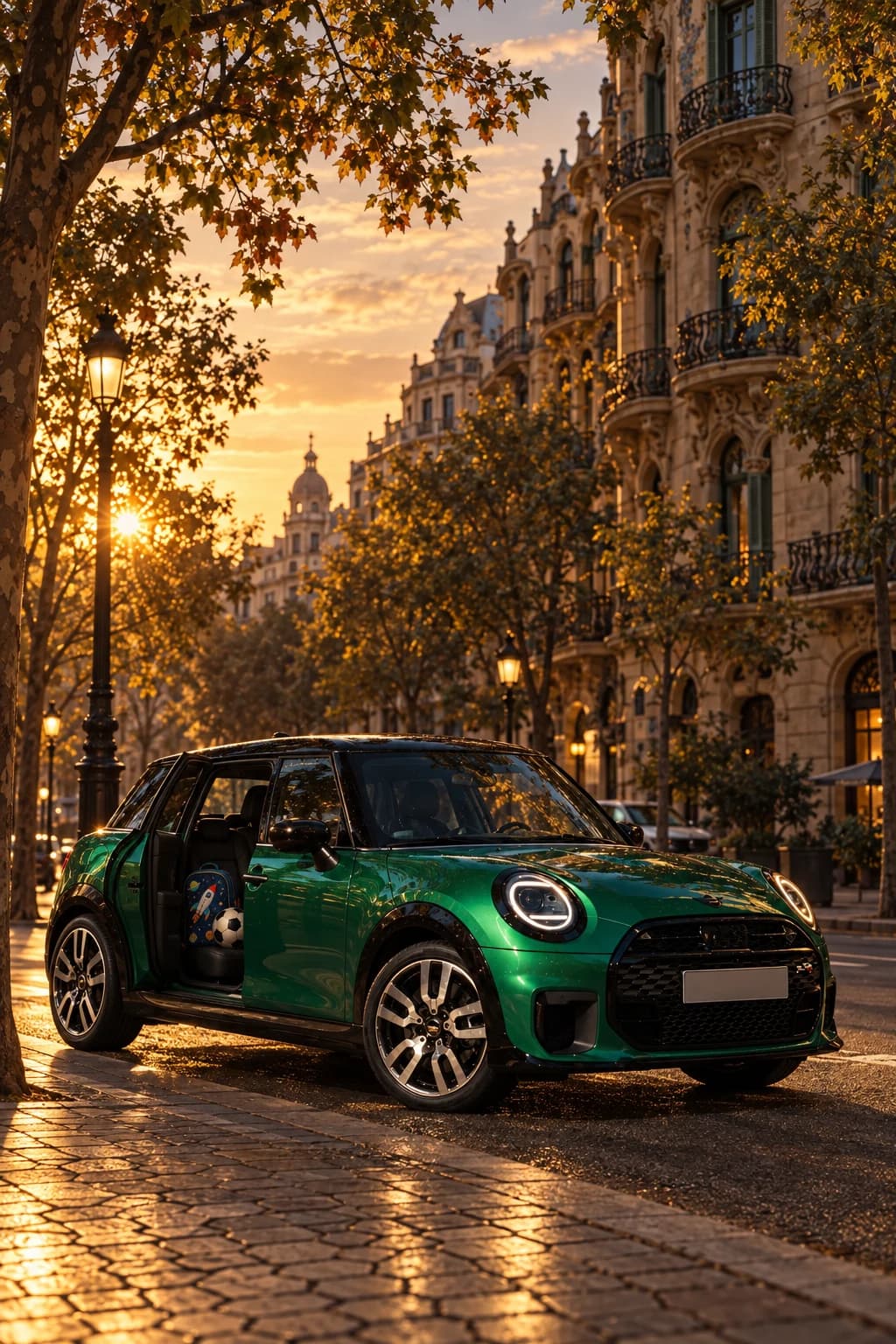 MINI Cooper 5 puertas verde aparcado en una calle del Eixample al atardecer, con la puerta abierta y una mochila infantil en el asiento