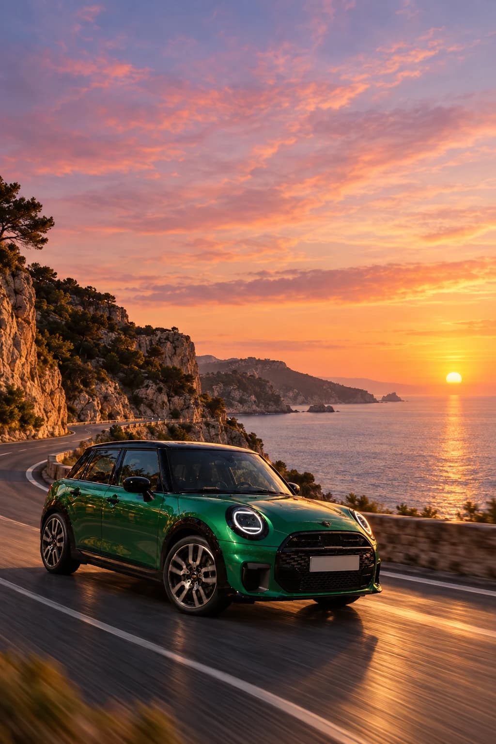 MINI Cooper 5 puertas verde en una carretera de costa junto al Mediterráneo al amanecer