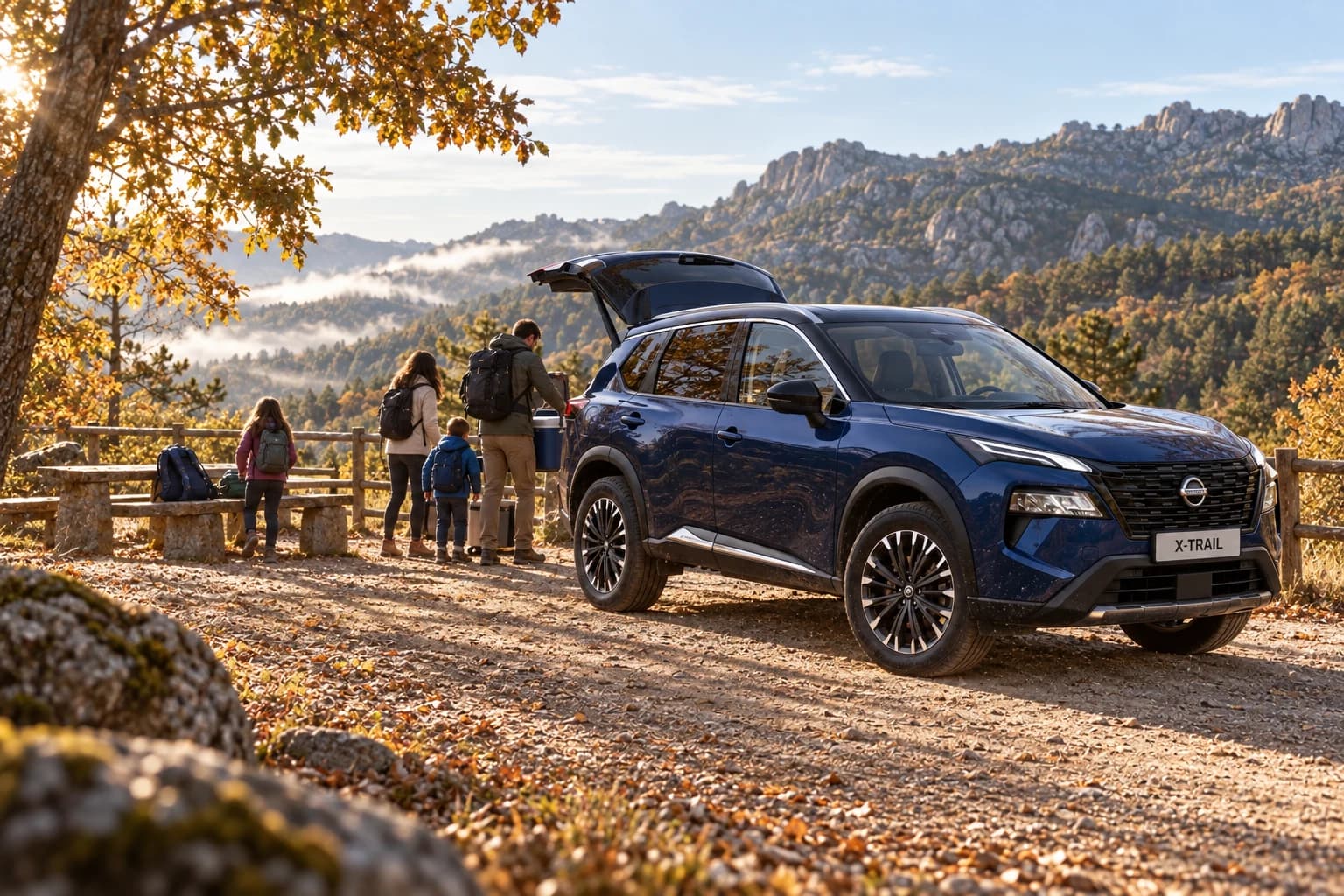 Nissan X-Trail con el portón abierto y una familia preparando una excursión en la sierra (imagen orientativa)