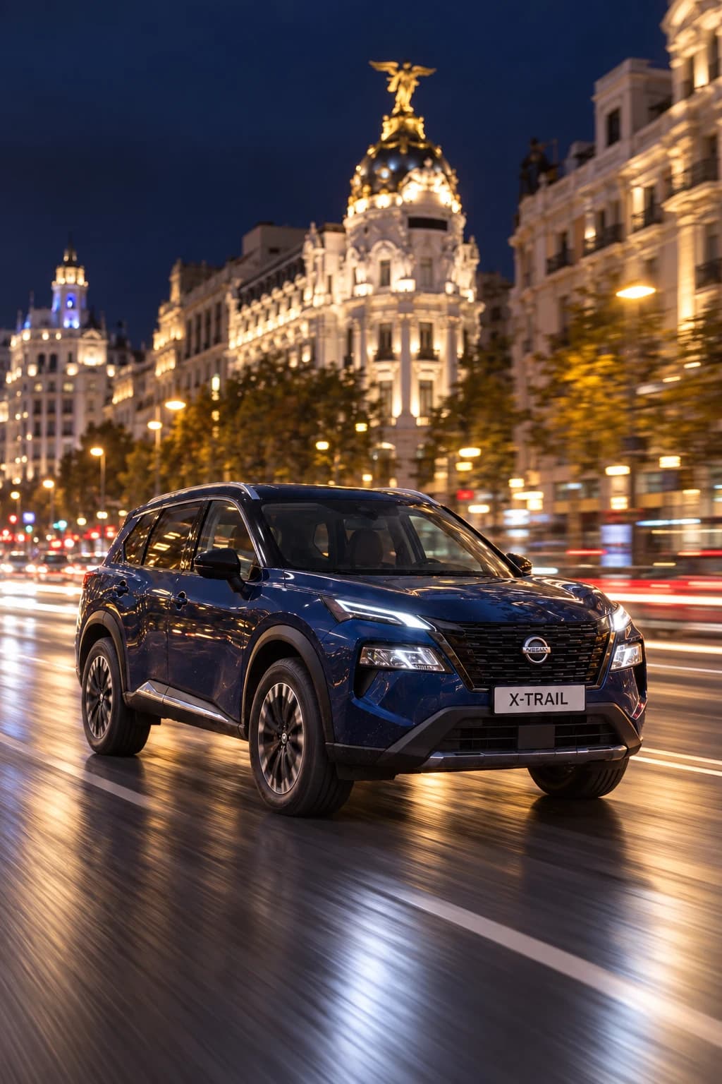 Nissan X-Trail circulando de noche por el centro de Madrid (imagen orientativa)