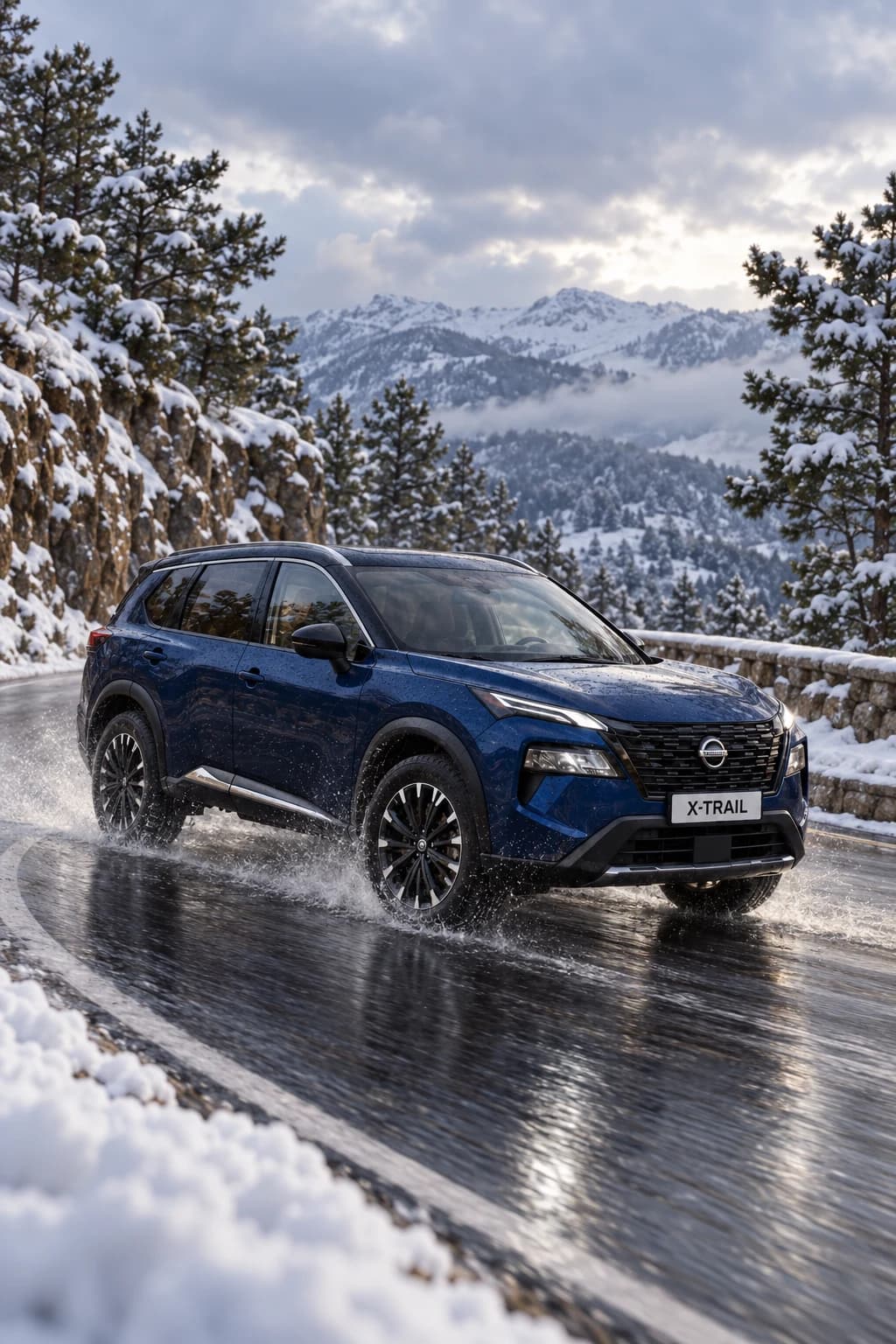 Nissan X-Trail en una carretera de montaña mojada con nieve (imagen orientativa)