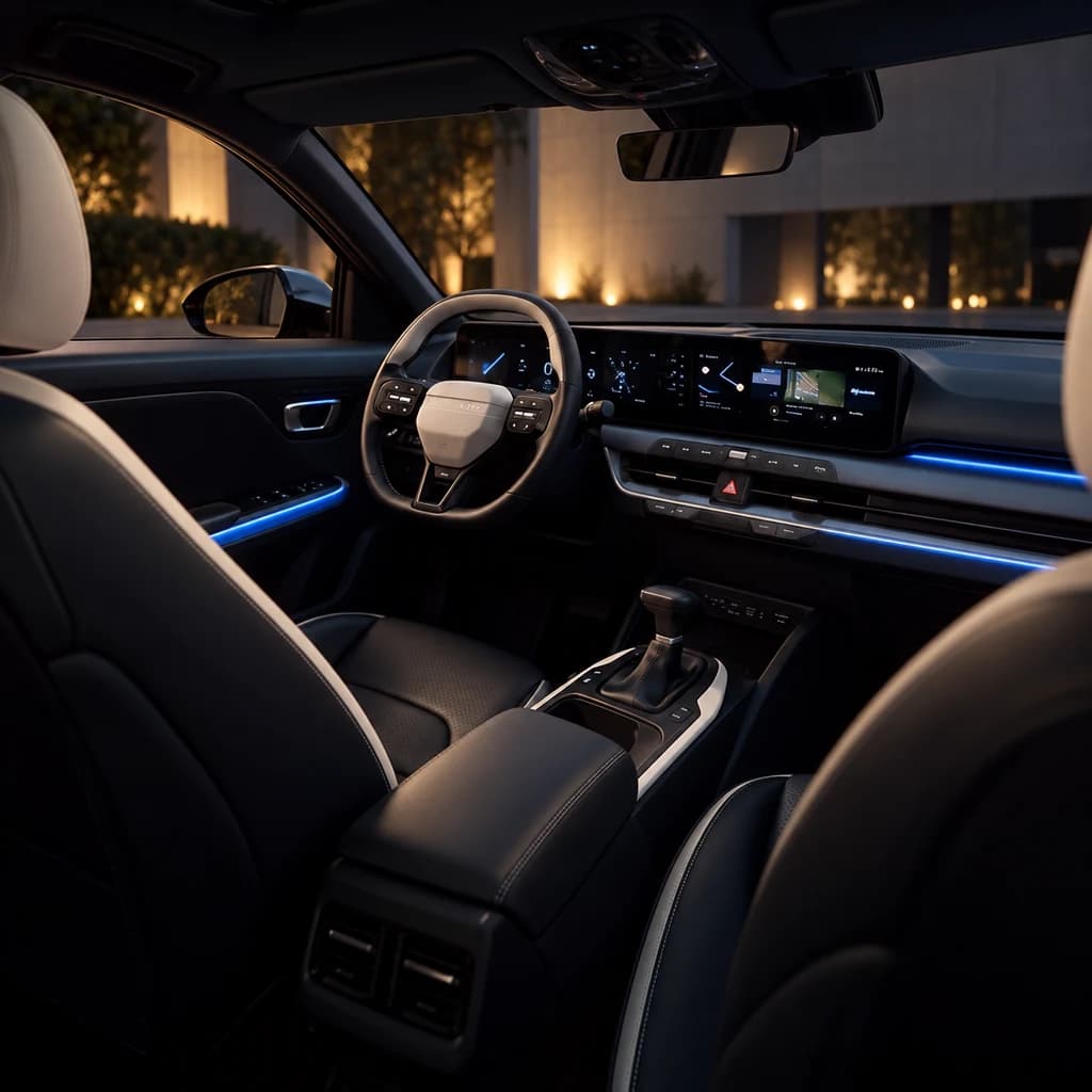 Interior del Kia K4 de noche con la iluminación ambiental azul encendida