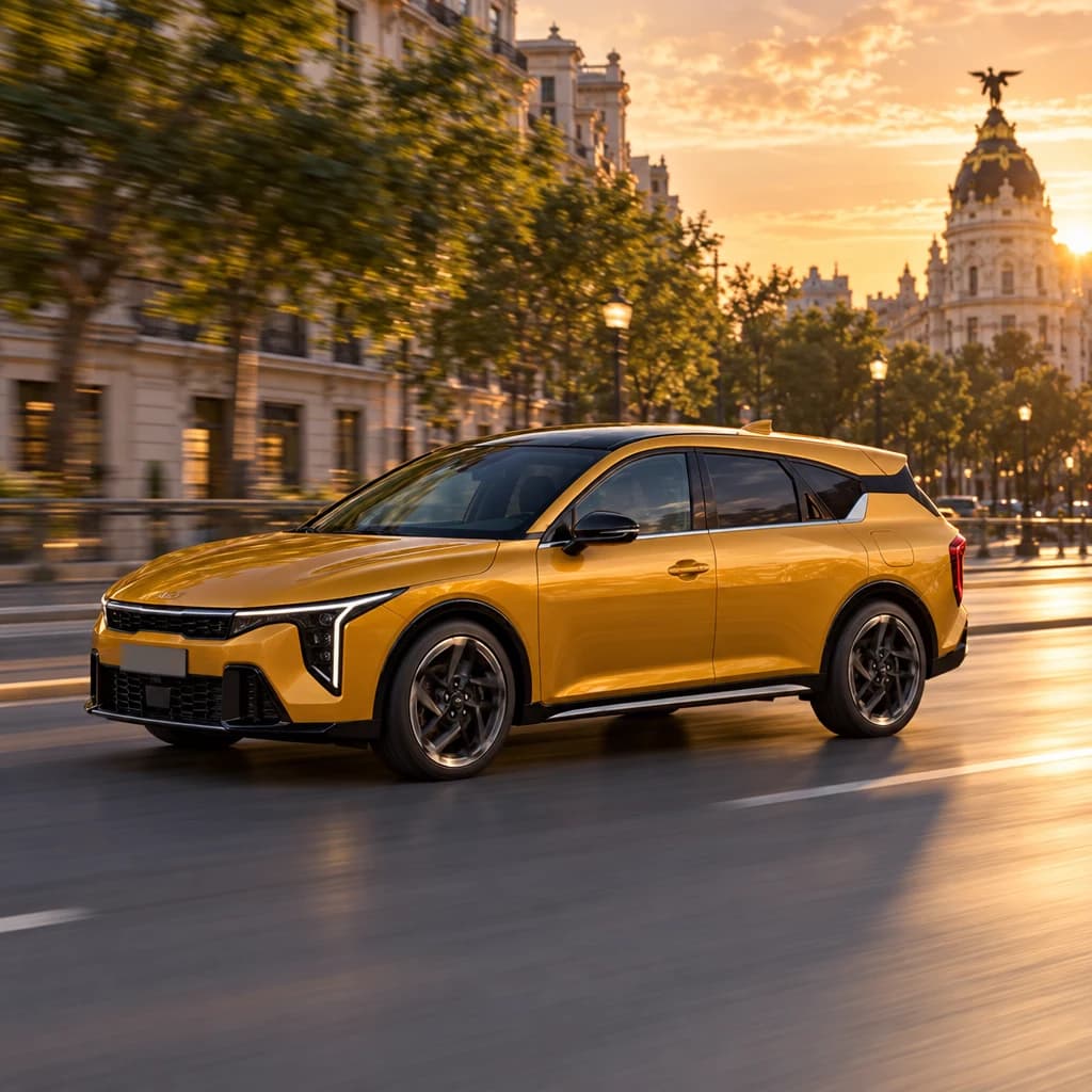 Kia K4 amarillo circulando por una calle de Madrid al atardecer