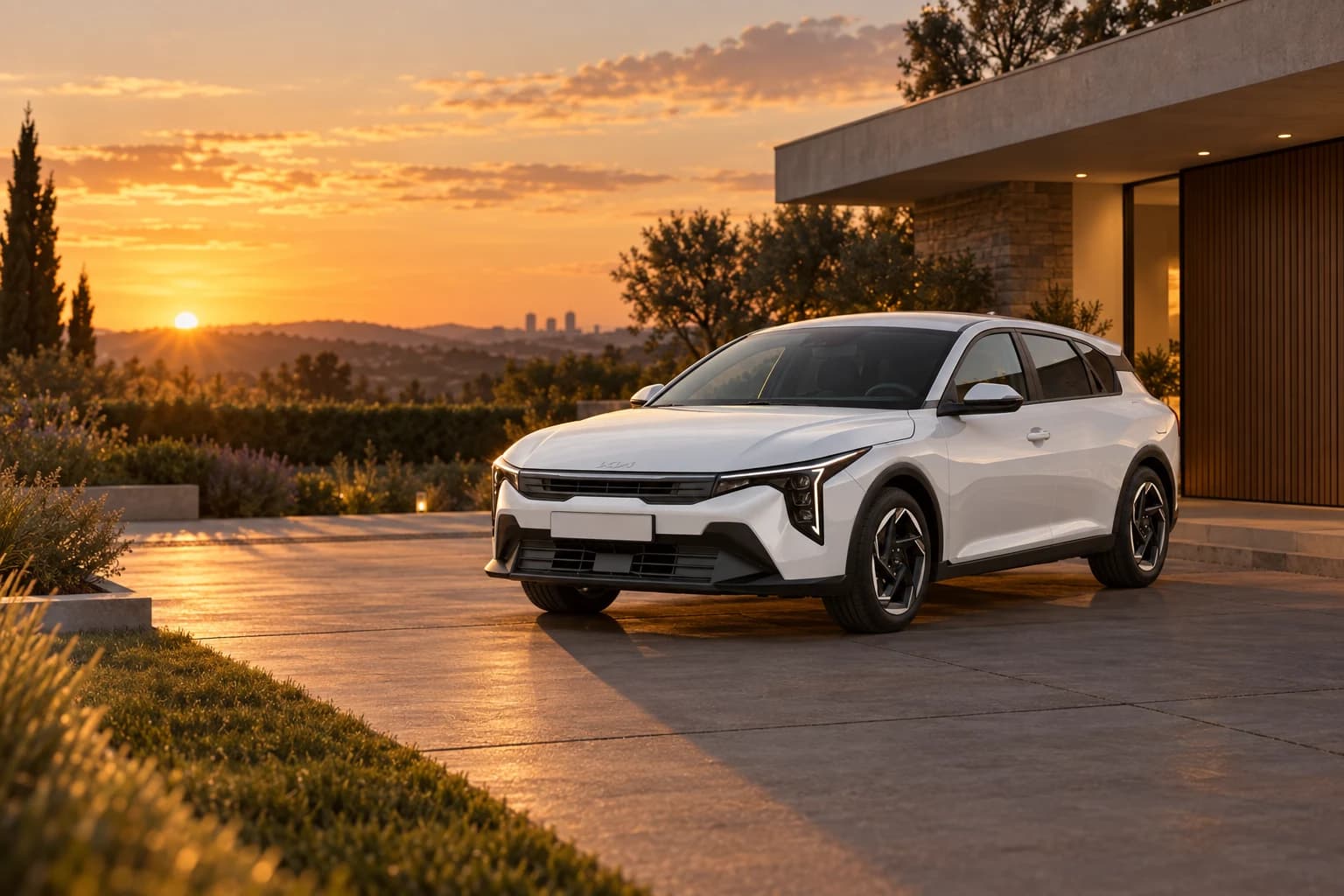 Kia K4 blanco aparcado al atardecer frente a una casa moderna