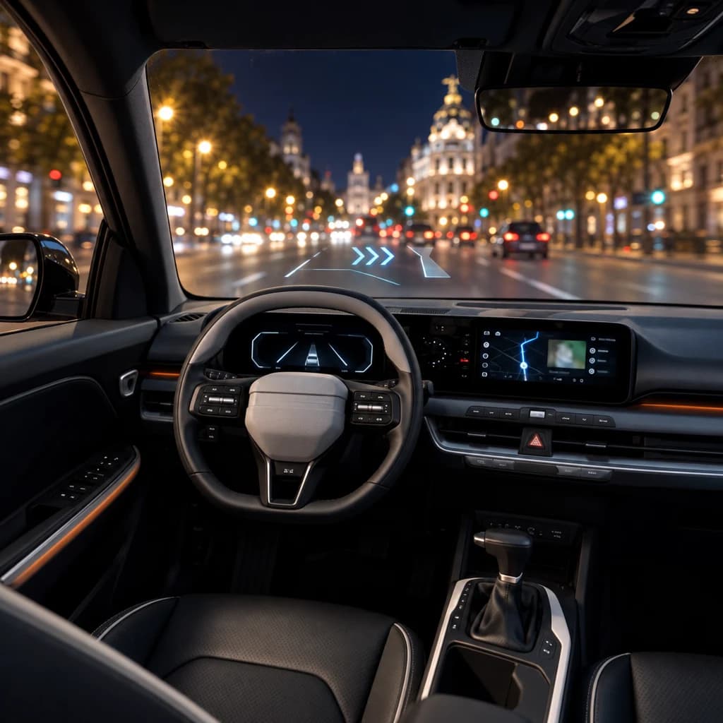 Vista desde el puesto de conducción del Kia K4 de noche en Madrid, con la proyección del head-up display en el parabrisas