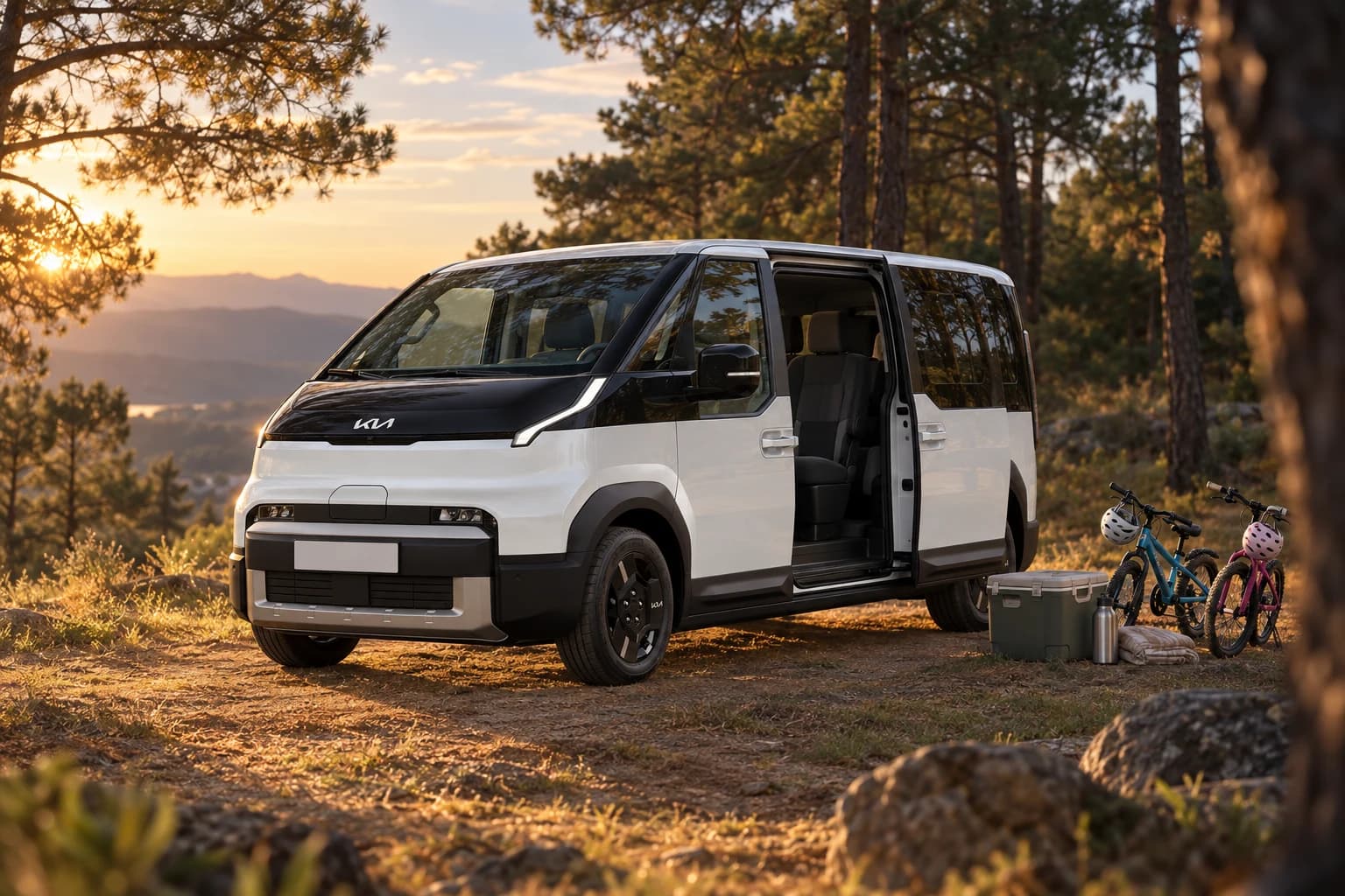 Kia PV5 Passenger con la puerta corredera abierta, una nevera y dos bicicletas infantiles en un pinar