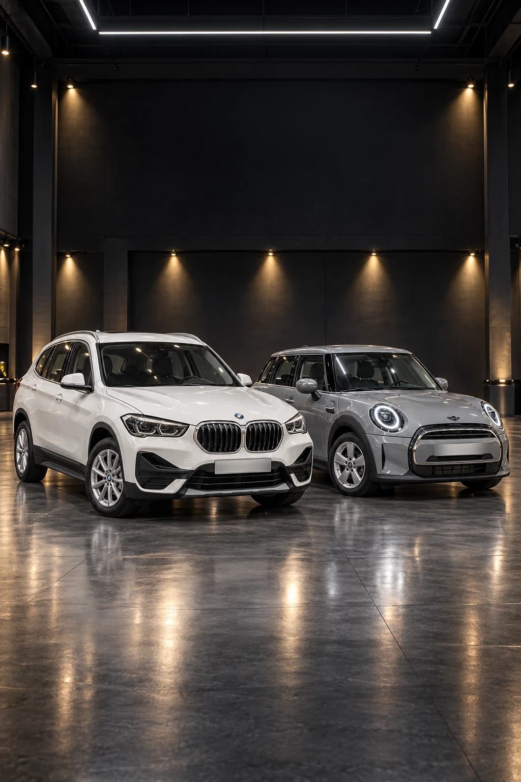 BMW X1 blanco y MINI Cooper gris de ocasión del Outlet, en una nave oscura