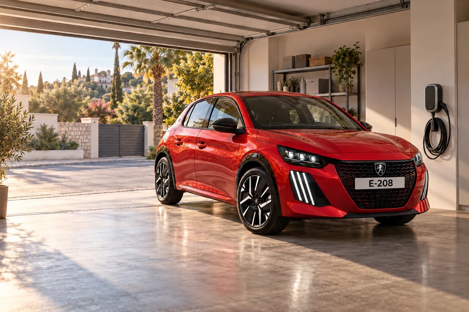 Peugeot E-208 rojo en un garaje luminoso junto a un punto de carga de pared