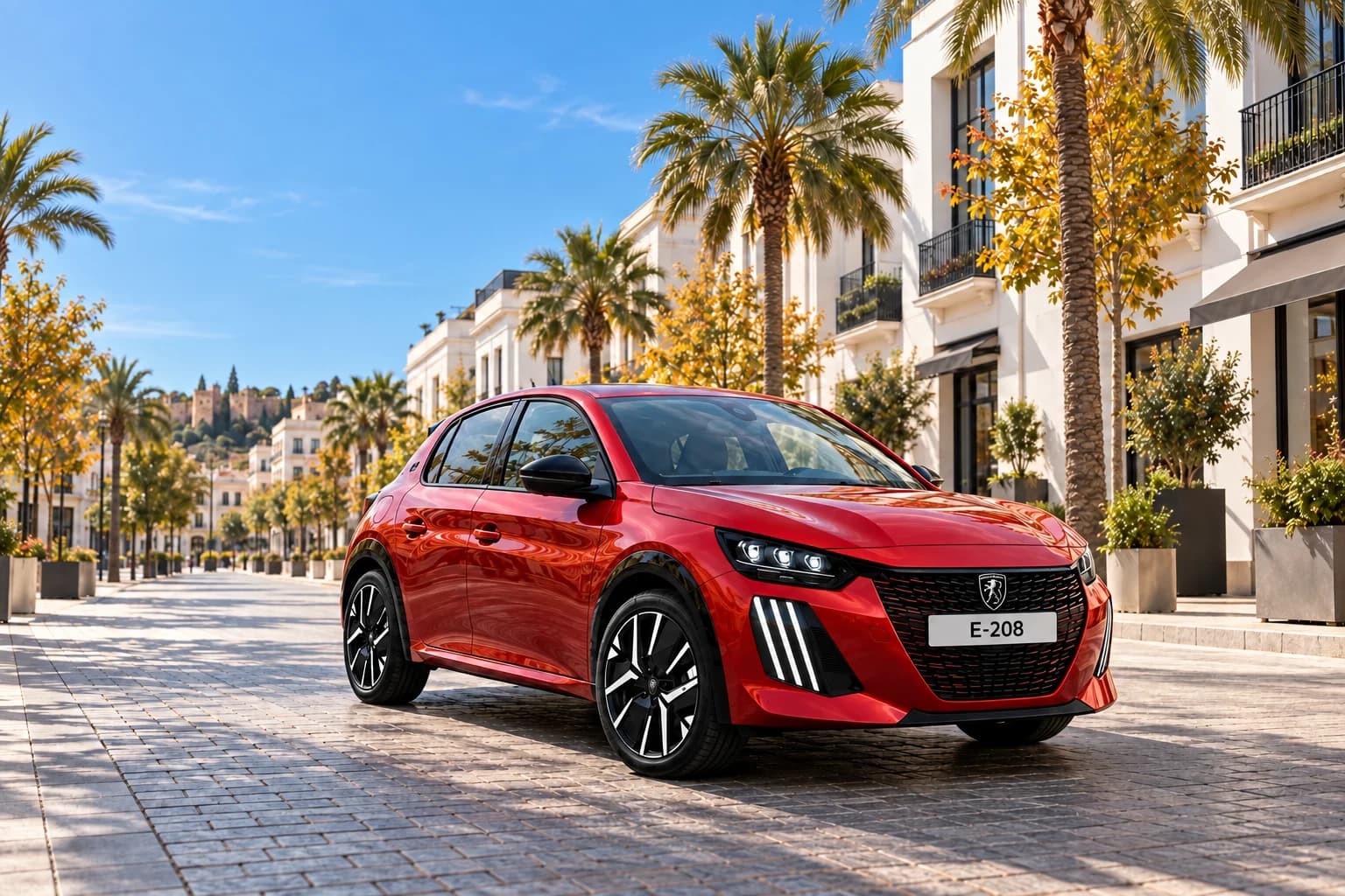 Peugeot E-208 eléctrico rojo en una calle del Soho de Málaga