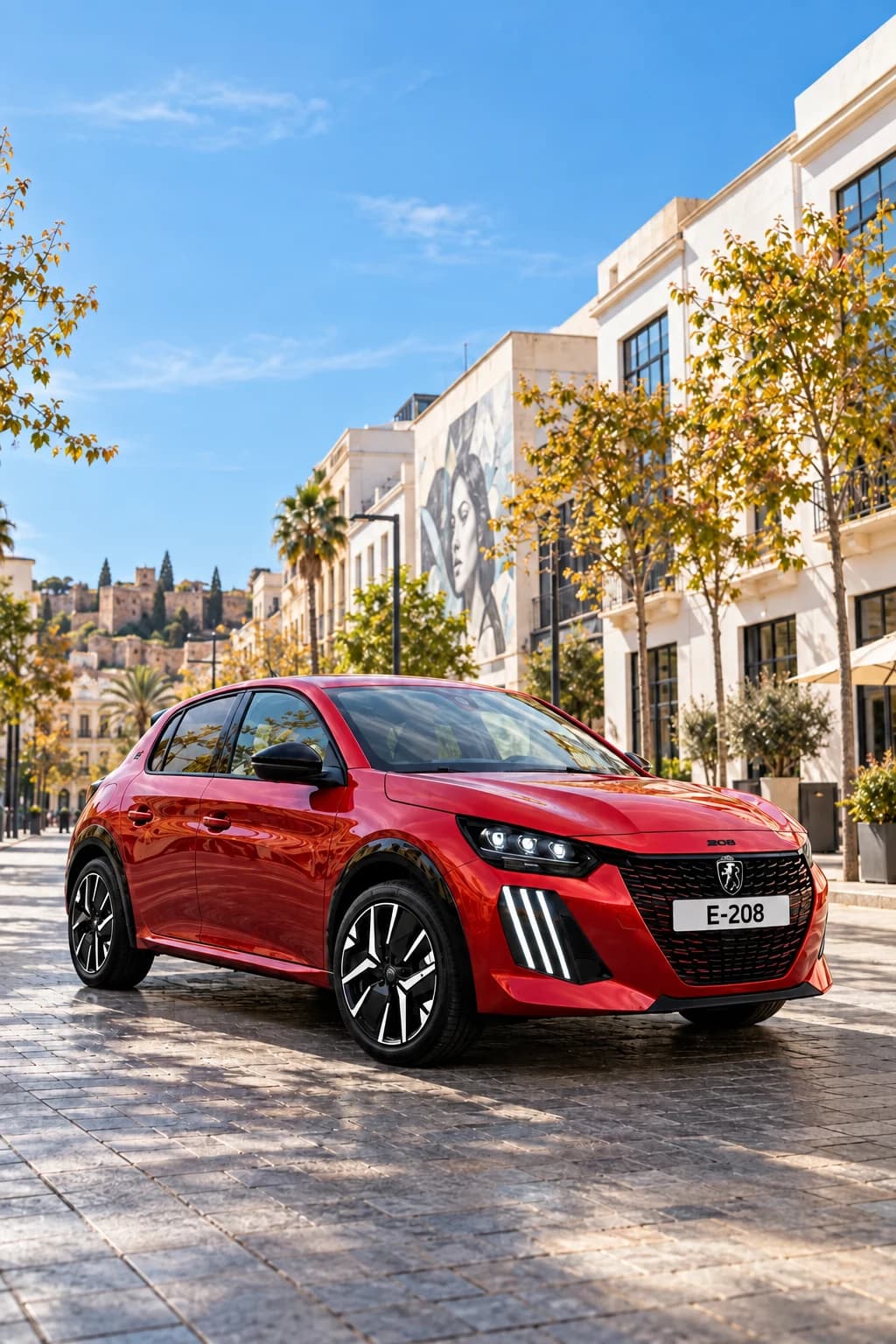 Peugeot E-208 eléctrico rojo en una calle del Soho de Málaga