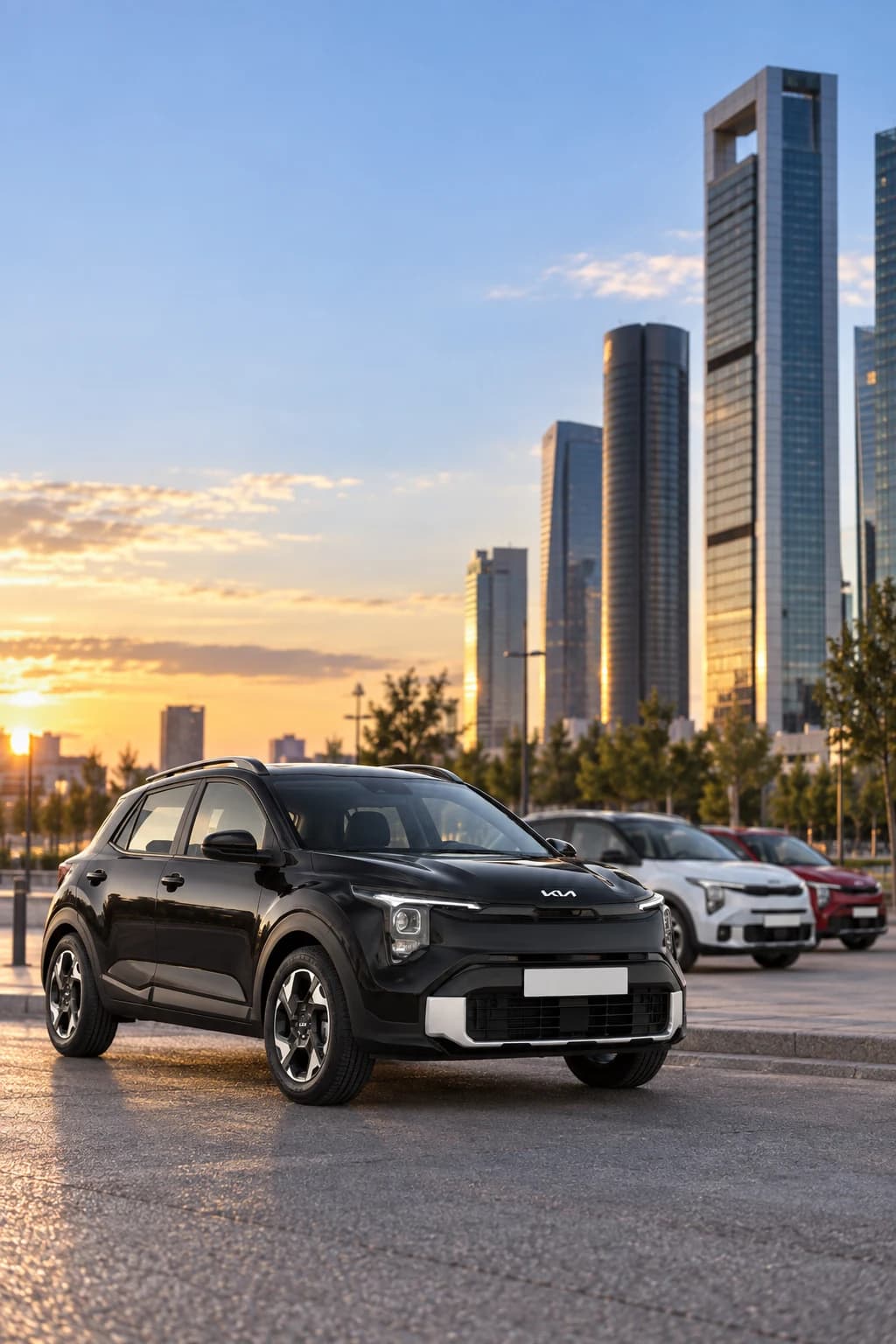 Tres Kia Stonic aparcados en fila junto a los rascacielos del Paseo de la Castellana al atardecer