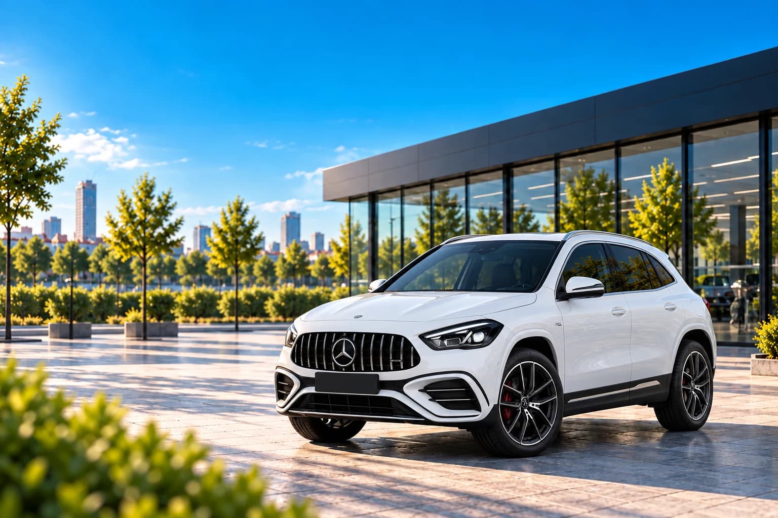 Mercedes-Benz GLA blanco aparcado frente a un concesionario