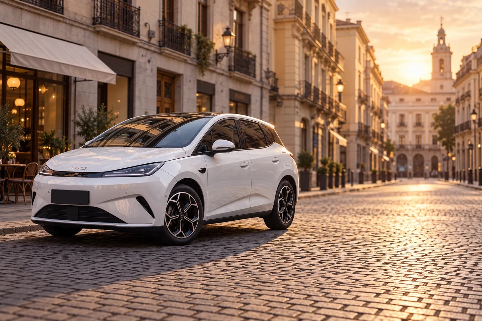 BYD Dolphin G DM-i blanco en una calle empedrada al atardecer