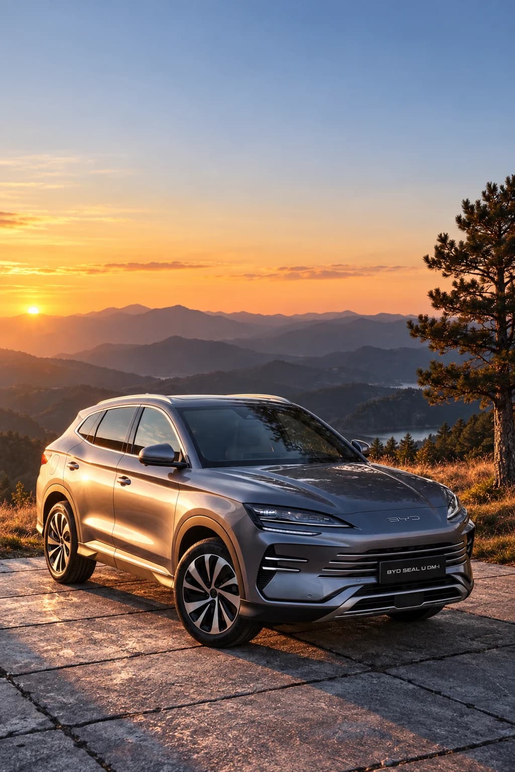 BYD Seal U DM-i gris aparcado en un mirador de montaña al atardecer