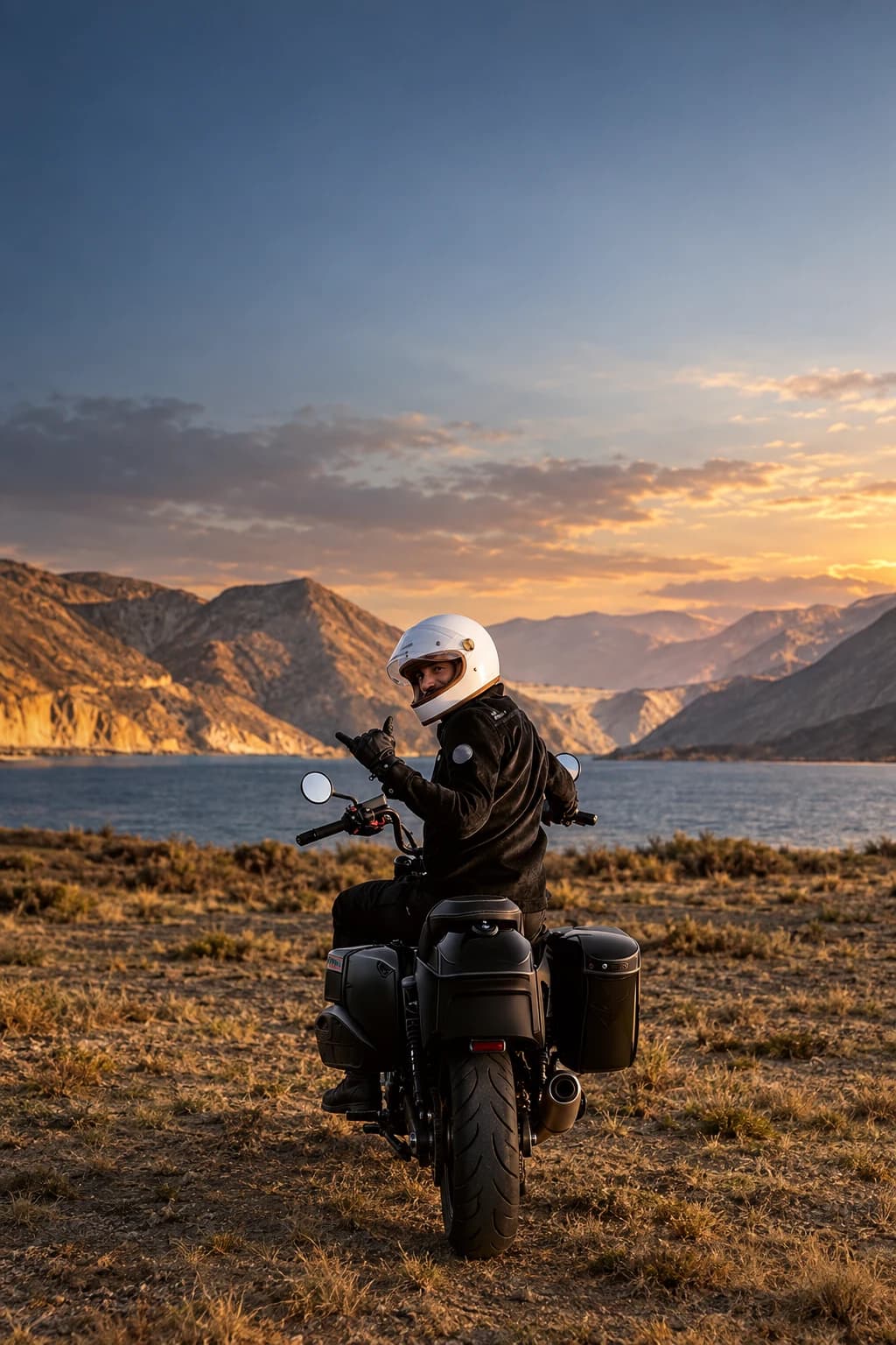 Motorista con casco blanco saludando desde su BMW Motorrad ante montañas y un lago al atardecer
