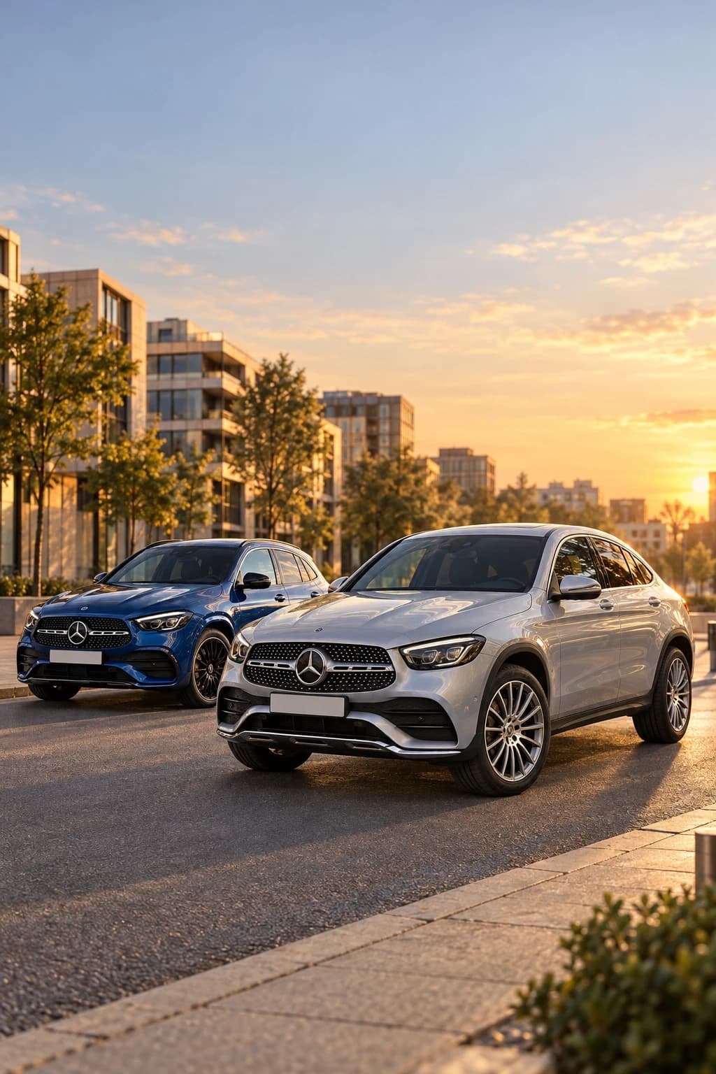 Mercedes-Benz GLA azul y GLC Coupé plata juntos en una avenida al atardecer