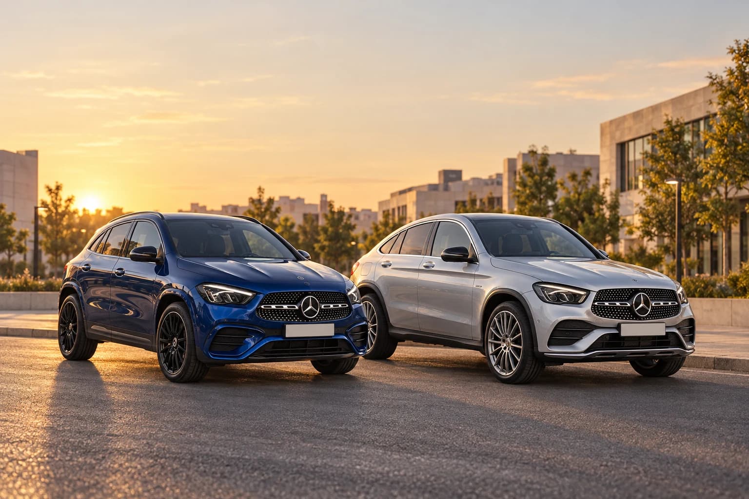 Mercedes-Benz GLA azul y GLC Coupé plata juntos en una avenida al atardecer
