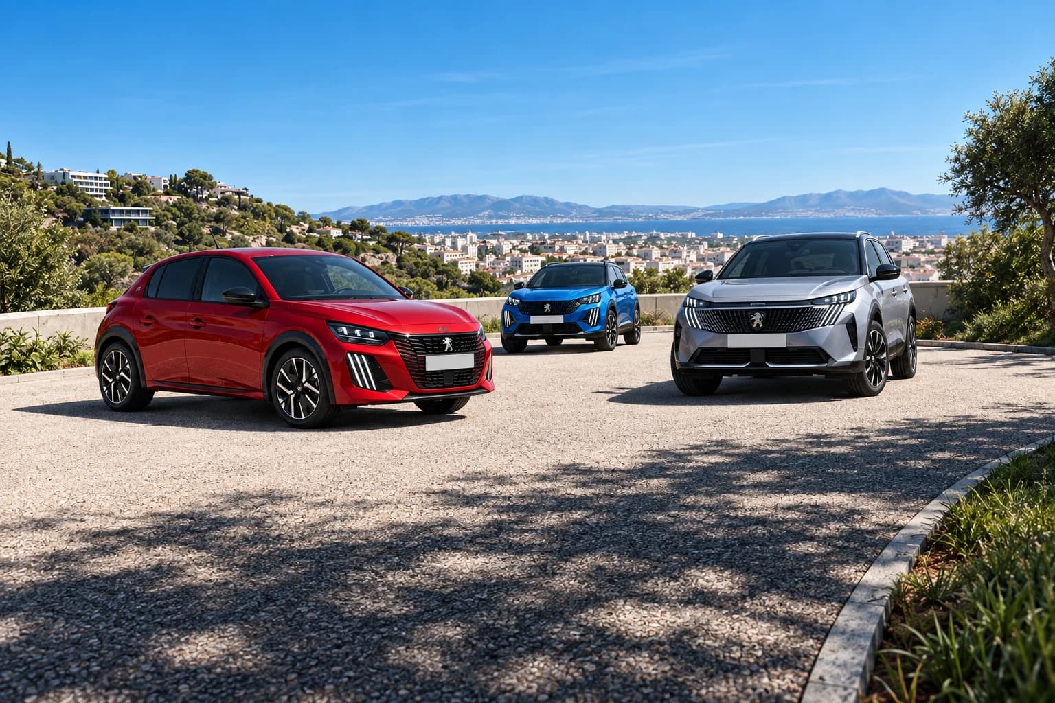 Tres Peugeot nuevos, un 208 rojo, un 2008 azul y un 3008 gris, en una carretera con vistas a la ciudad