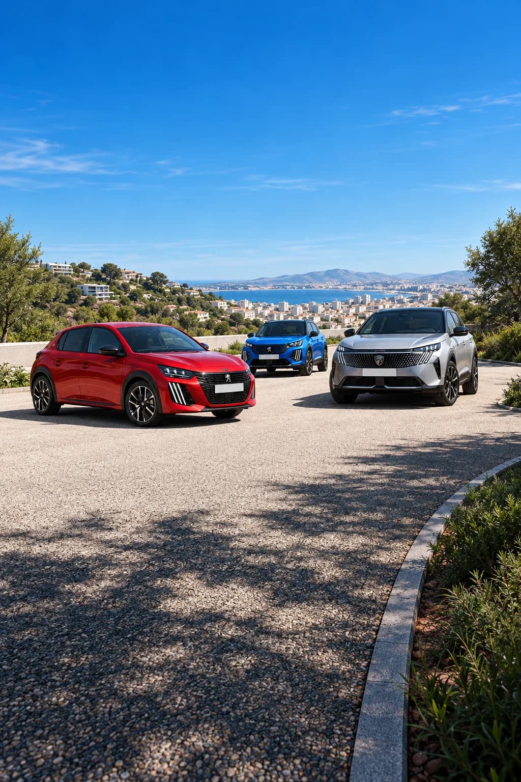 Tres Peugeot nuevos, un 208 rojo, un 2008 azul y un 3008 gris, en una carretera con vistas a la ciudad