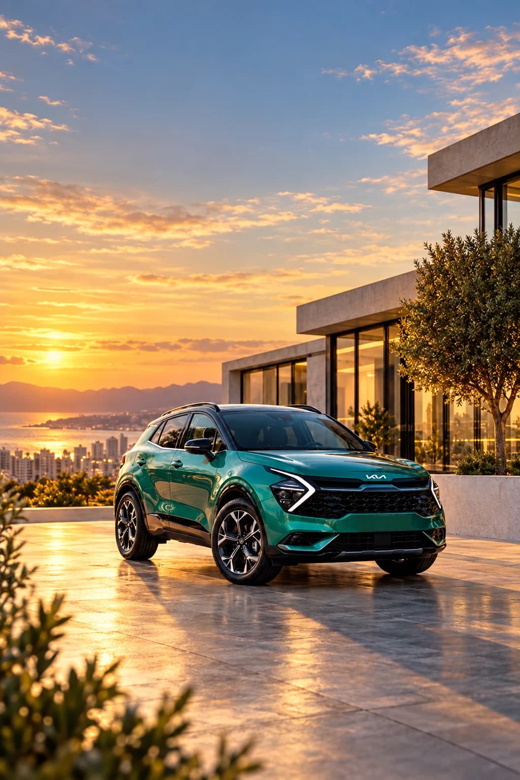 Kia Sportage Híbrido verde frente a una villa moderna al atardecer, con el mar y la ciudad de fondo