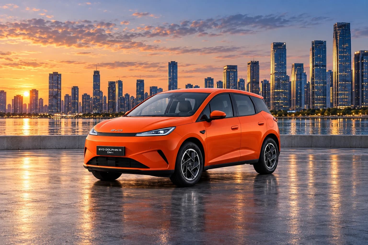 BYD Dolphin G DM-i naranja ante el skyline al atardecer