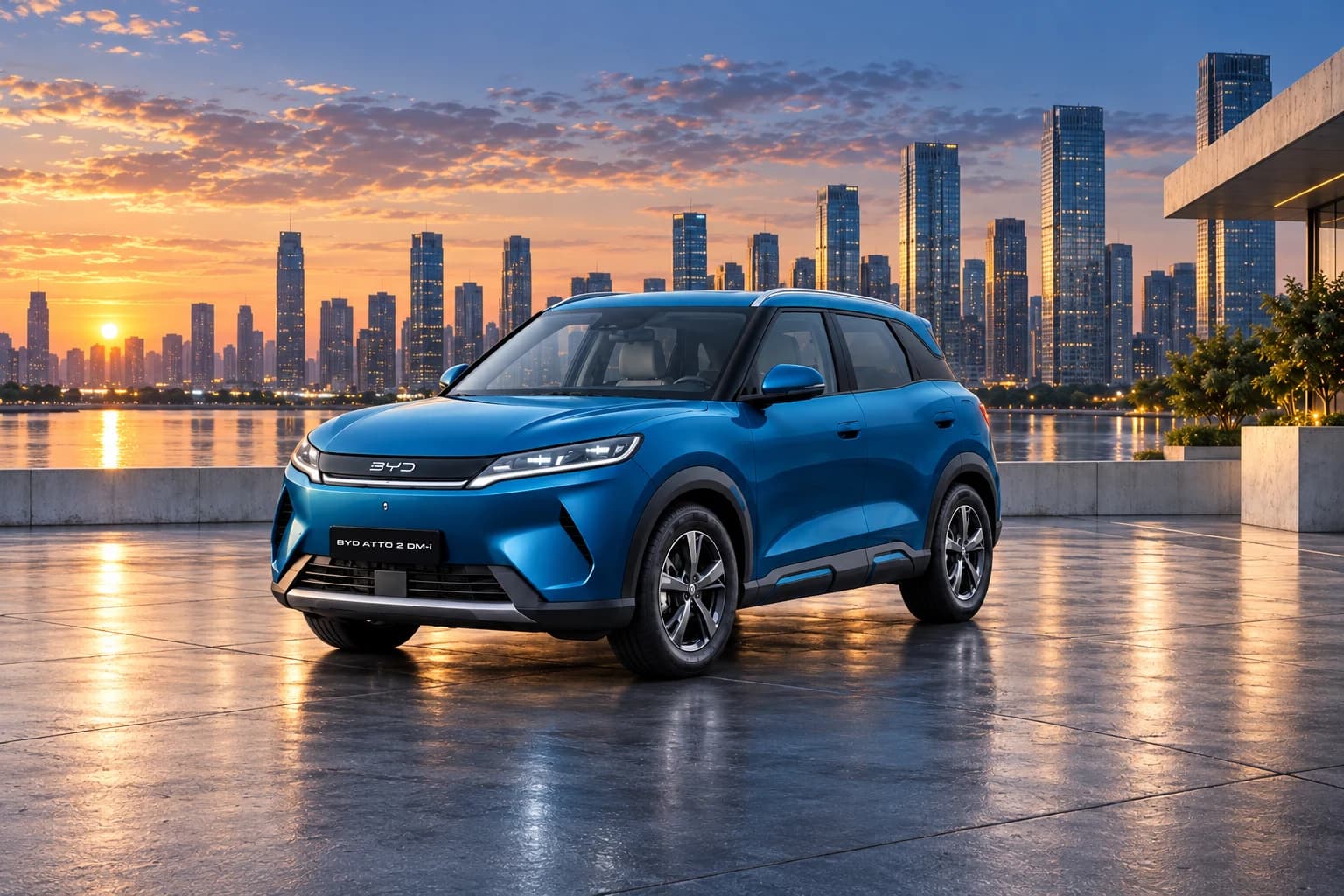 BYD Atto 2 DM-i azul ante el skyline al atardecer
