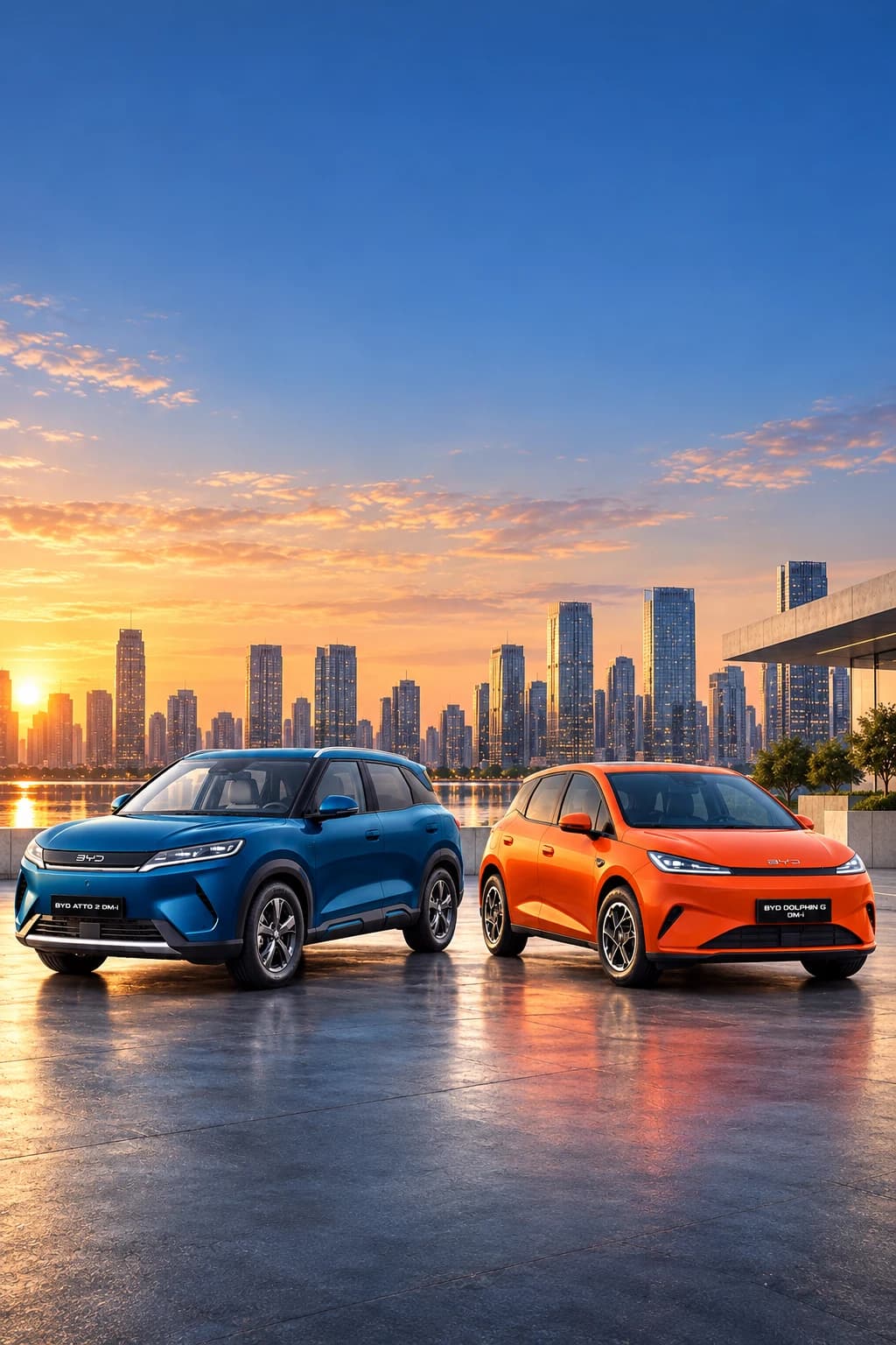 BYD Atto 2 DM-i azul y BYD Dolphin G DM-i naranja ante el skyline de una ciudad al atardecer