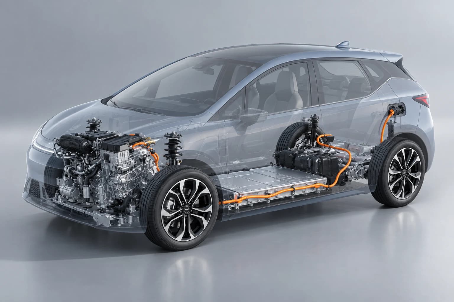 Vista en transparencia de un compacto híbrido enchufable con motor, batería y chasis