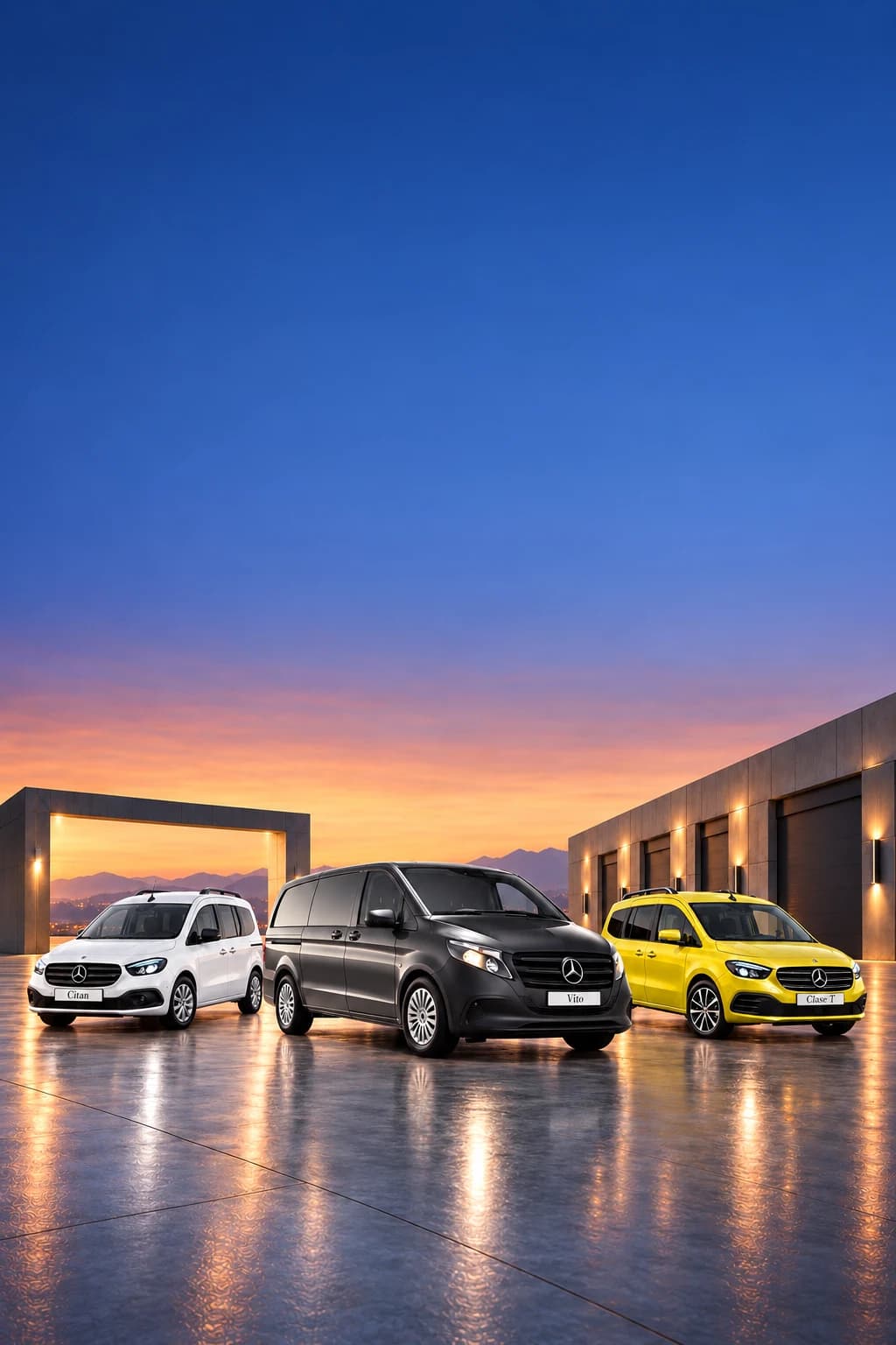 Citan Tourer, Vito y Clase T de Mercedes-Benz demo, aparcados al atardecer