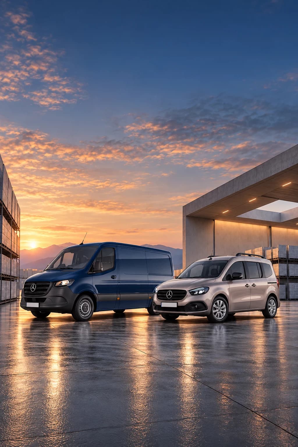 Mercedes-Benz Sprinter azul y Citan Tourer gris en una nave logística al atardecer