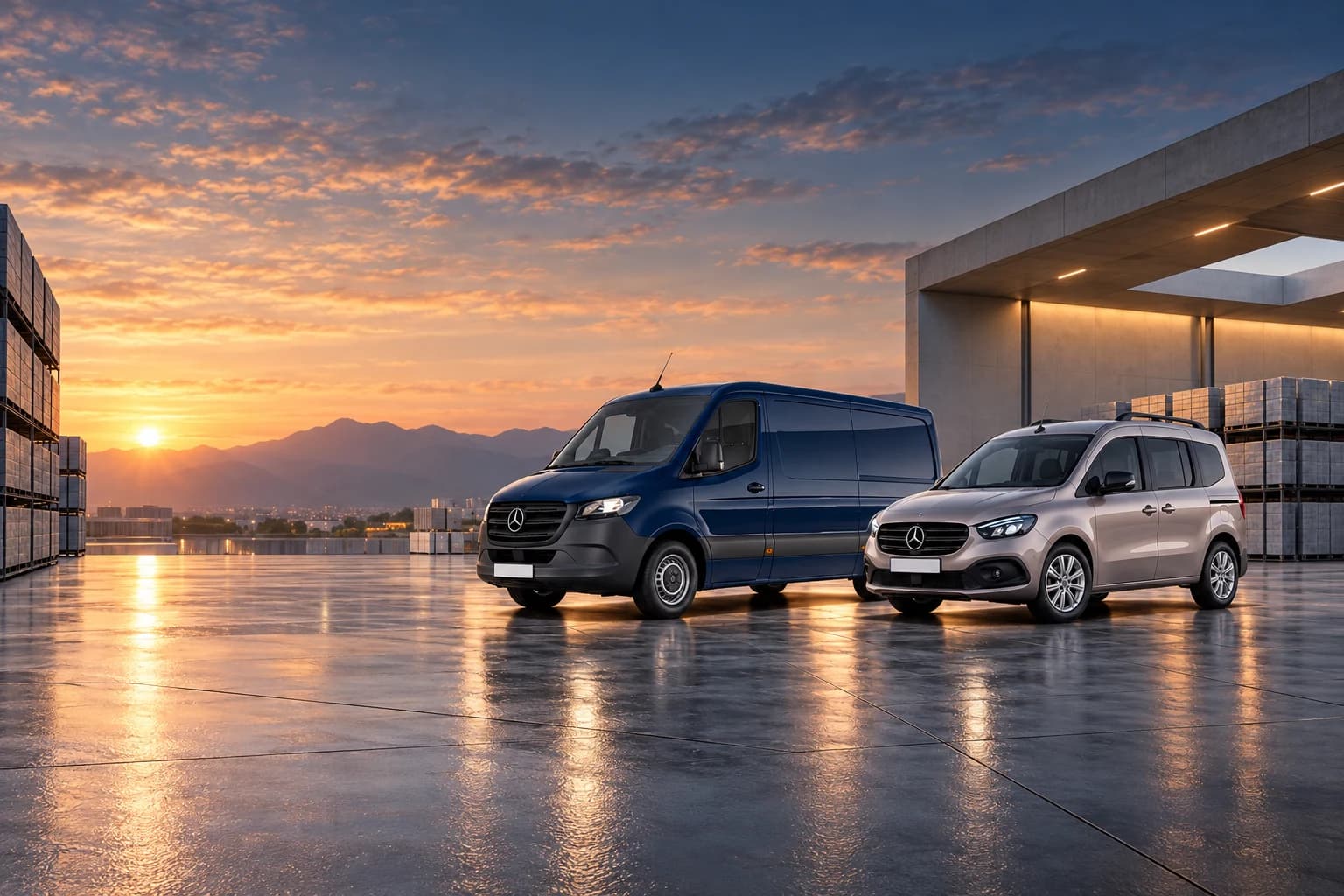 Mercedes-Benz Sprinter azul y Citan Tourer gris en una nave logística al atardecer