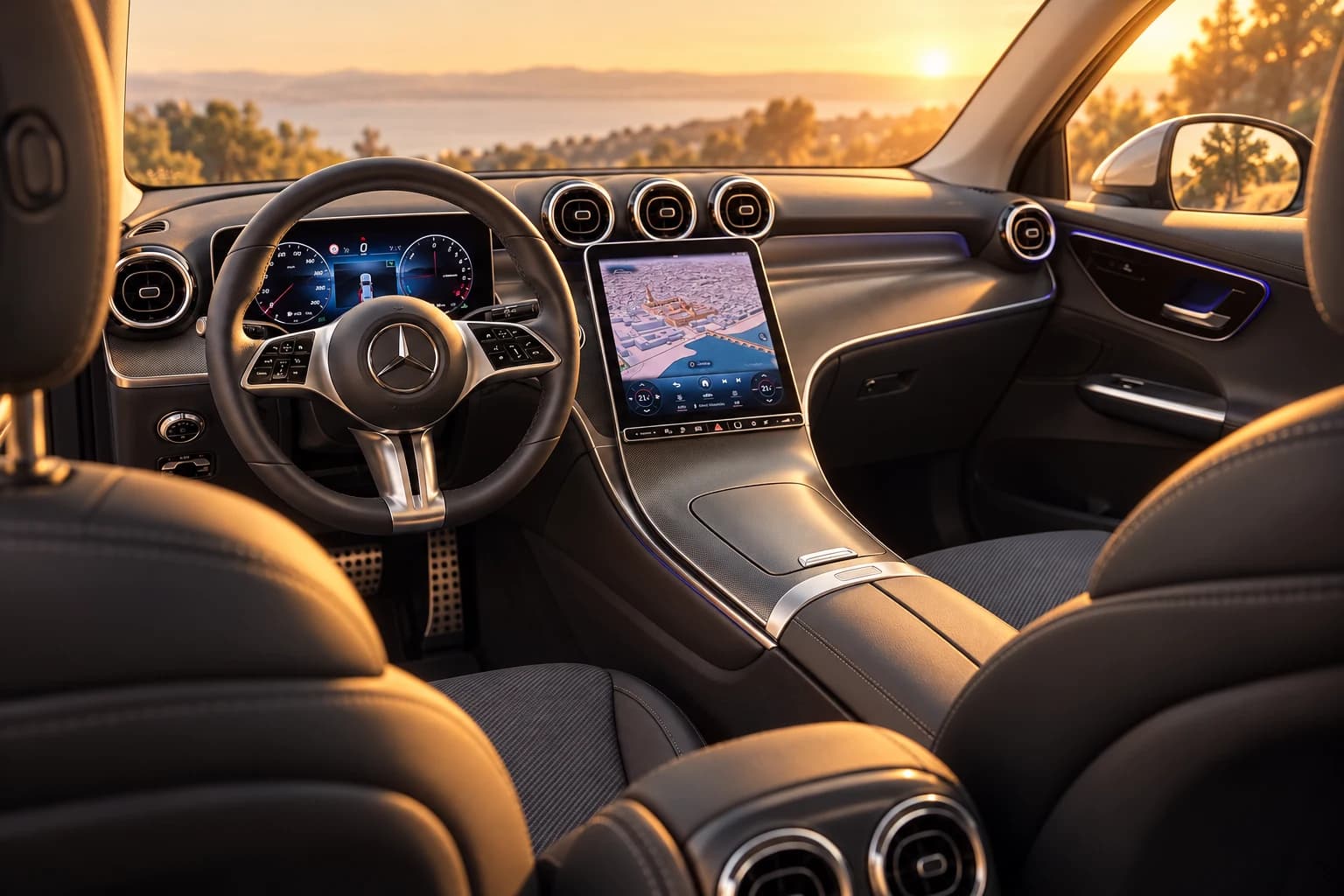 Interior del Mercedes-Benz GLC: volante, pantallas y salpicadero al atardecer