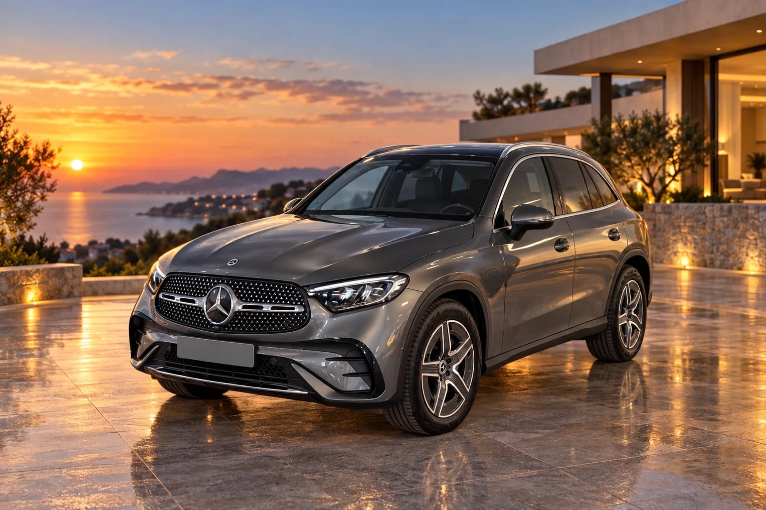 Mercedes-Benz GLC 220 d 4M en gris grafito, sobre una explanada al atardecer