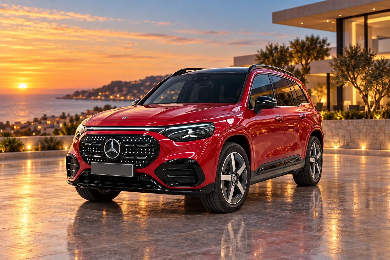 Mercedes-Benz GLB 250+ con tecnología EQ, sobre una explanada al atardecer