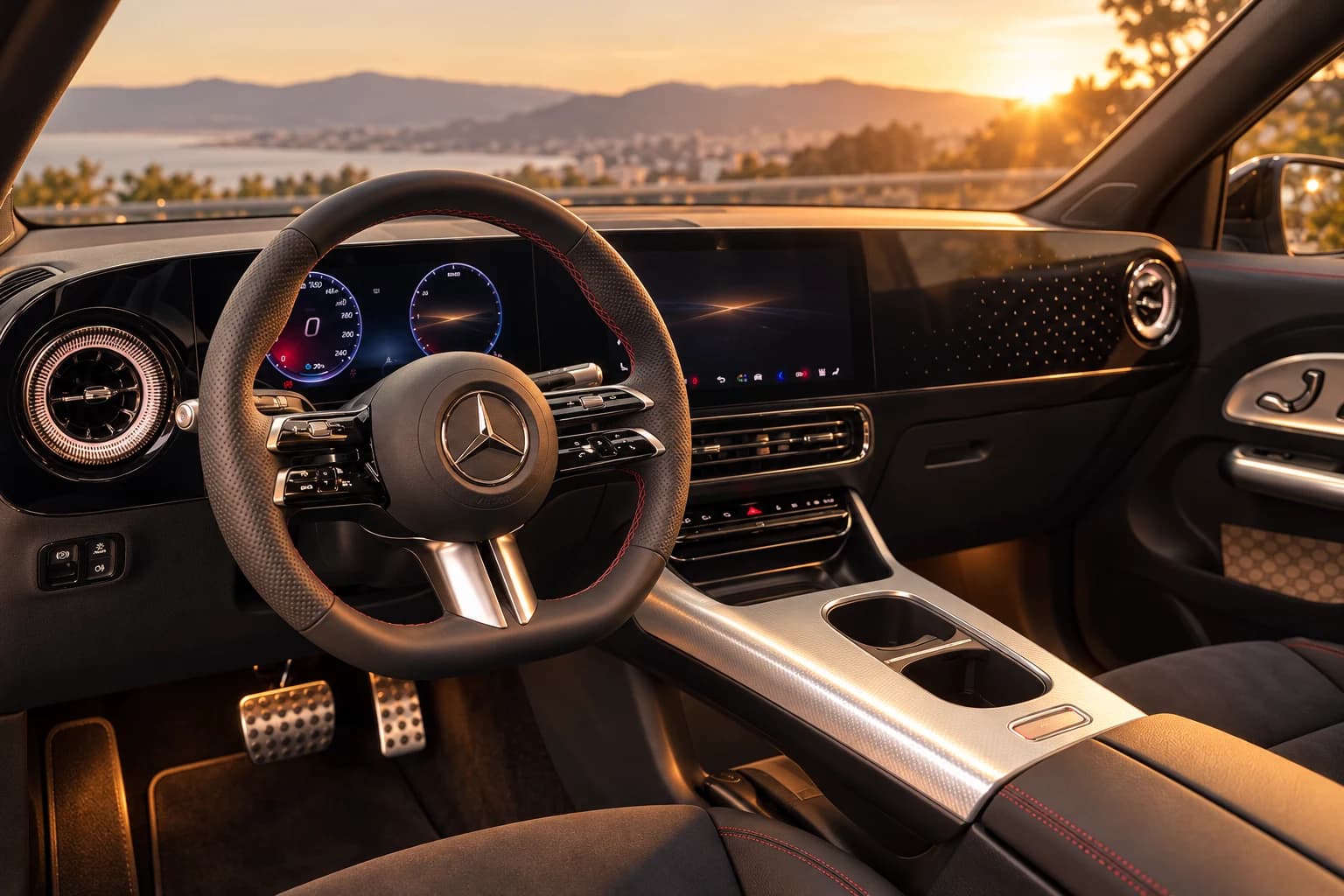 Interior del Mercedes-Benz GLB: volante, pantallas y salpicadero al atardecer