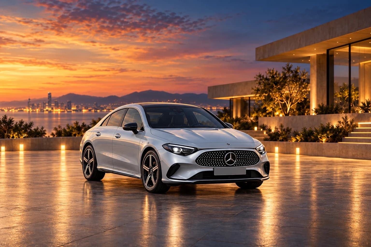 Mercedes-Benz CLA 250+ con tecnología EQ en plata, sobre una explanada al atardecer