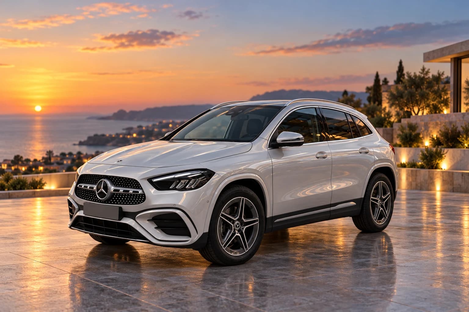 Mercedes-Benz GLA 200 d en plata high-tech, sobre una explanada al atardecer