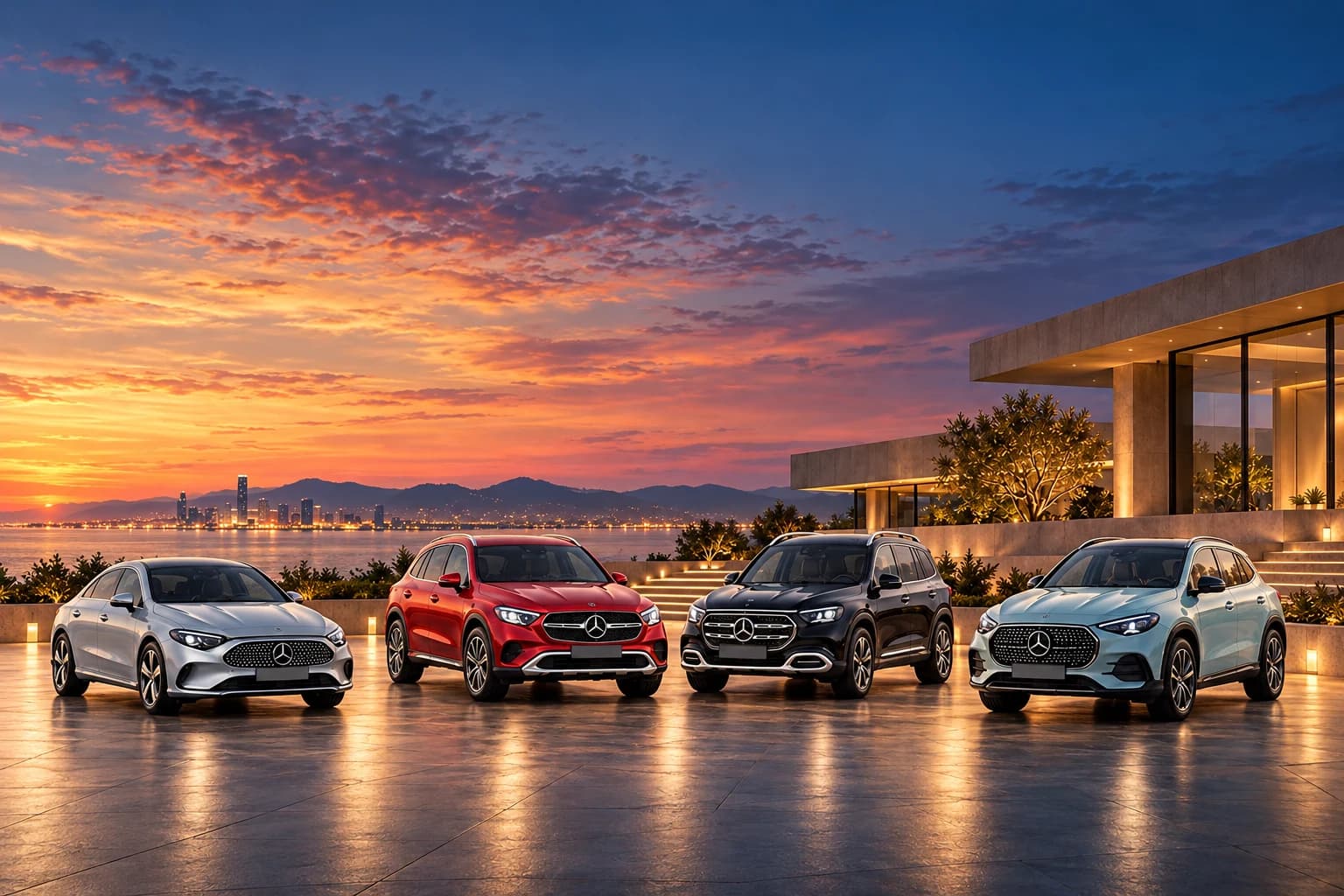 Los cuatro Mercedes-Benz de la promoción alineados frente a una villa moderna al atardecer