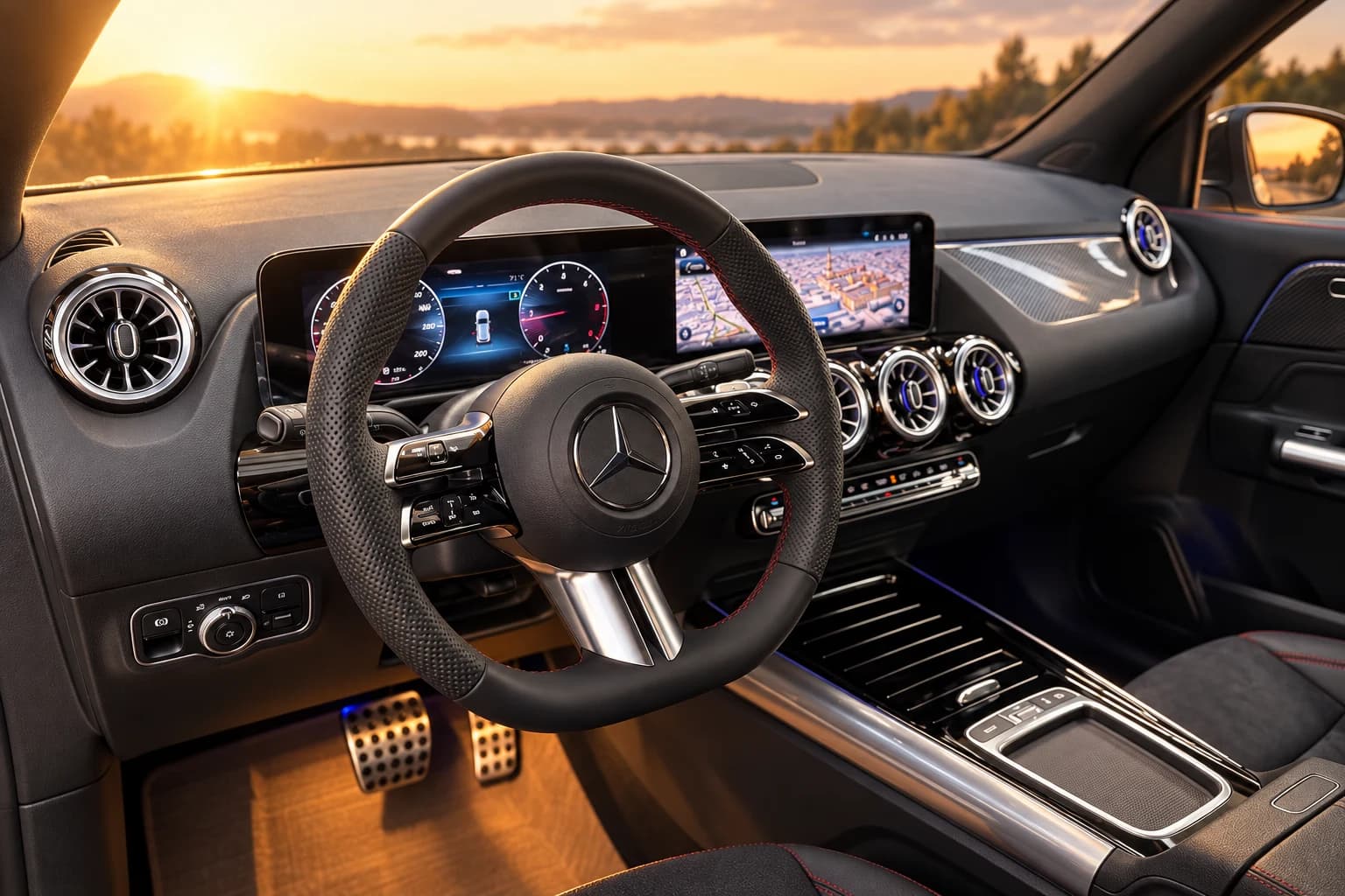 Interior del Mercedes-Benz GLA: volante, pantallas y salpicadero al atardecer