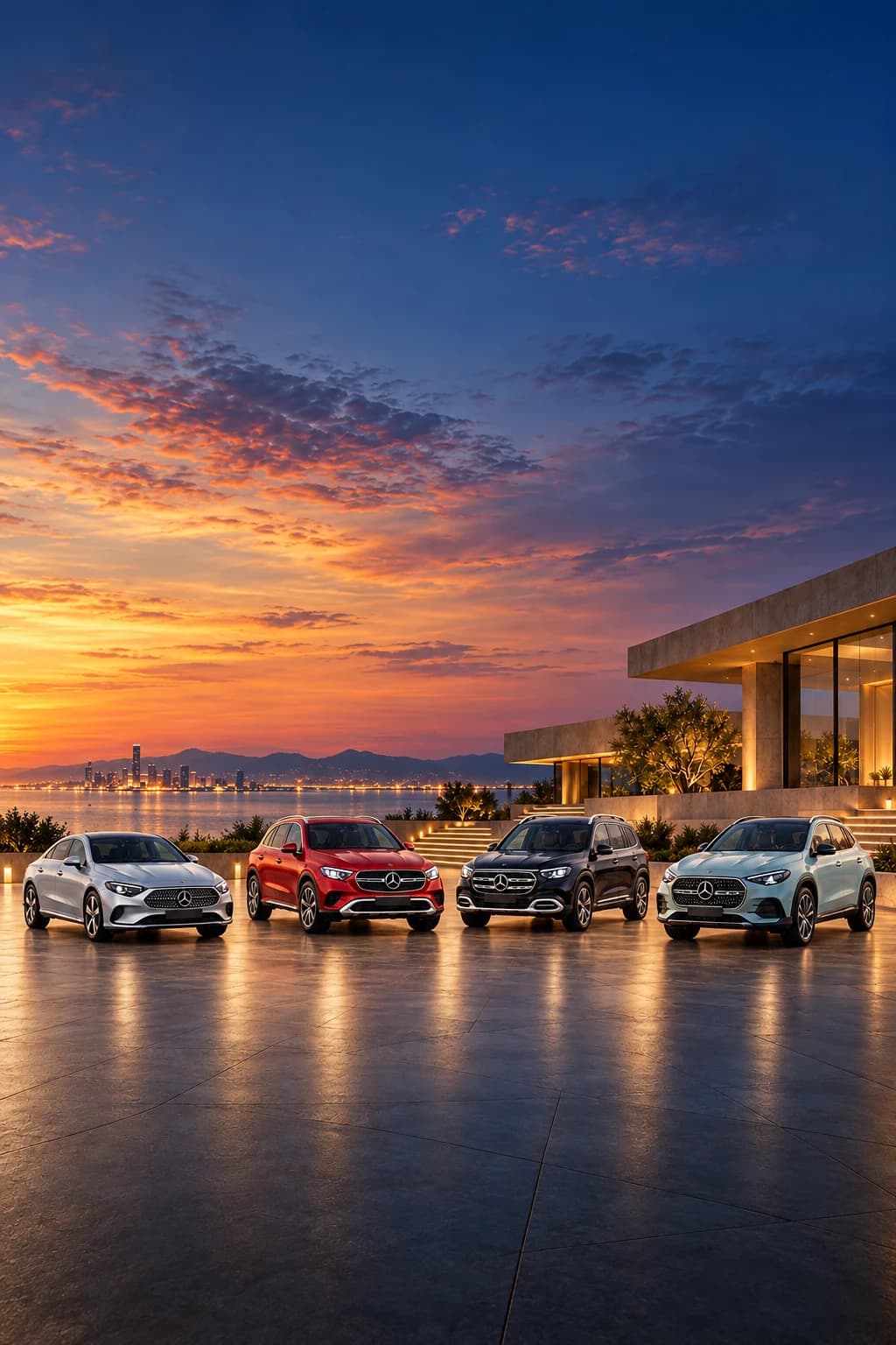 Cuatro Mercedes-Benz, una berlina plata y tres SUV rojo, negro y azul claro, alineados en una explanada frente a una villa moderna al atardecer