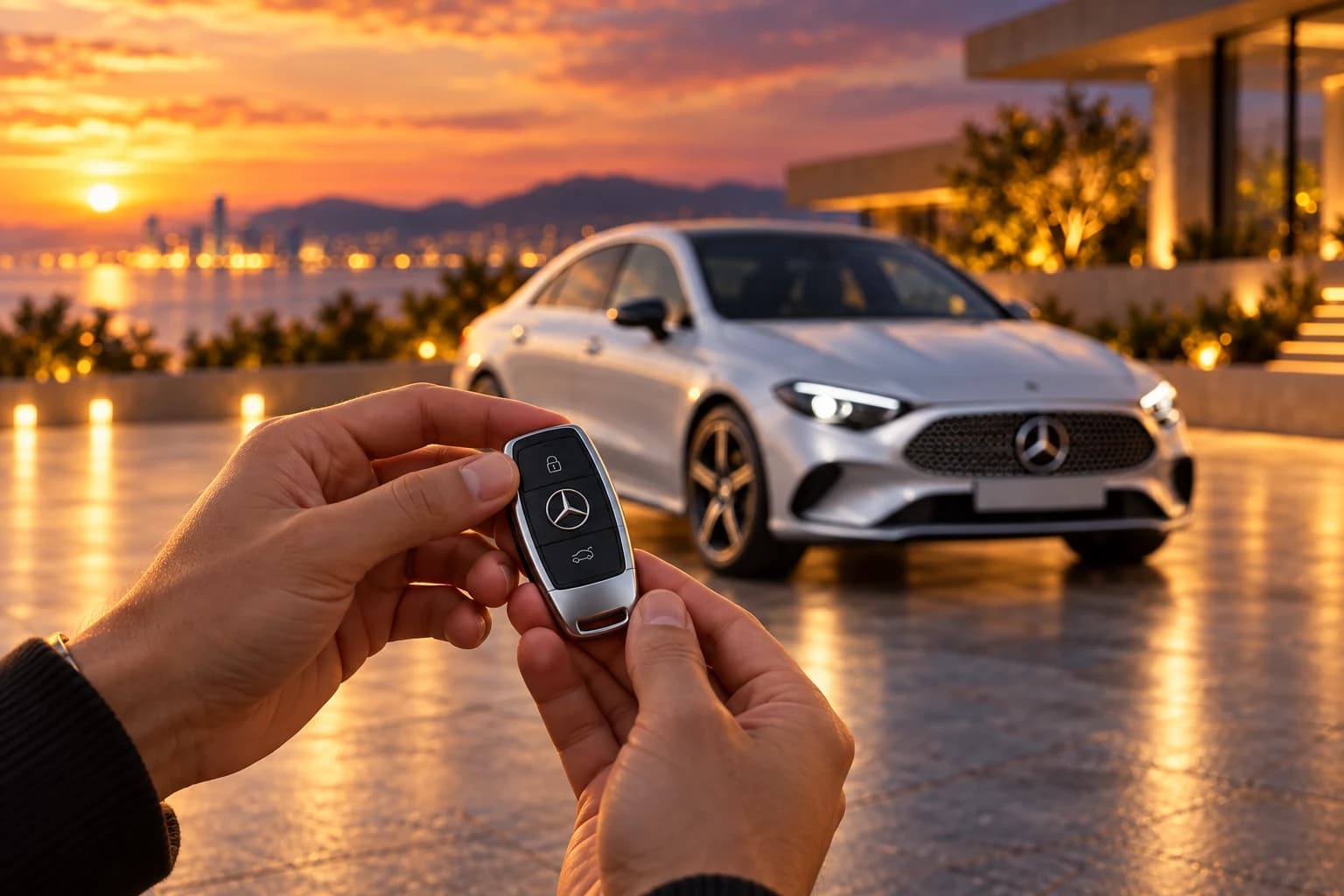 Unas manos sostienen la llave de un Mercedes-Benz recién estrenado, con el coche plata desenfocado al atardecer