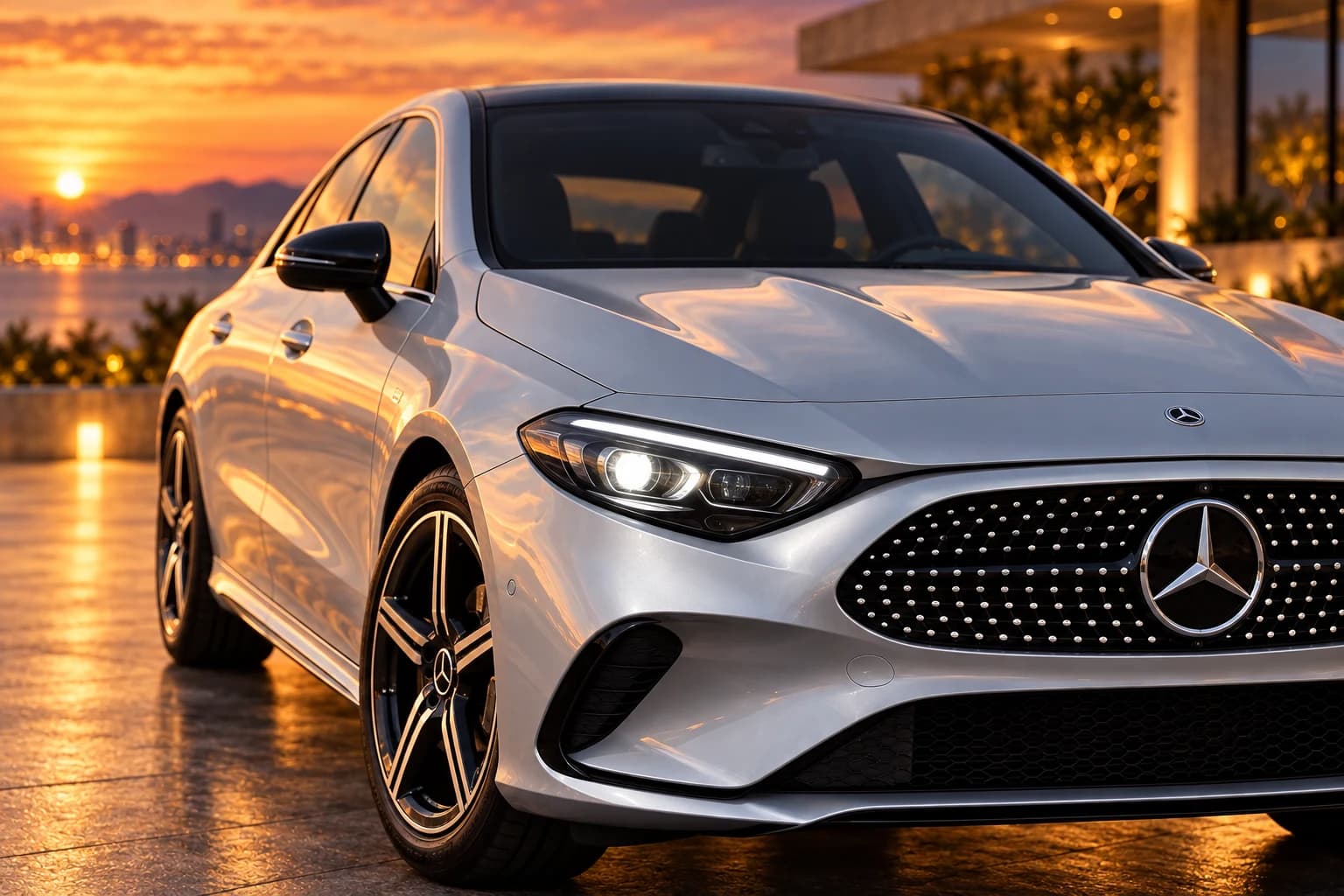 Primer plano del frontal de un Mercedes-Benz CLA plata, con el faro Multibeam LED encendido y la parrilla con patrón de estrellas