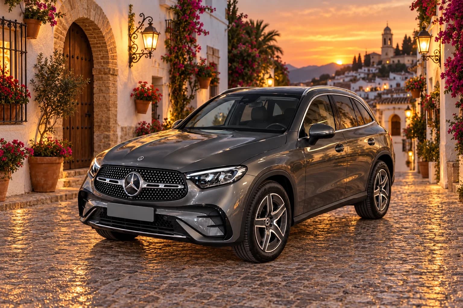 Mercedes-Benz GLC gris grafito en una calle empedrada de casco antiguo, con paredes encaladas y flores, al atardecer