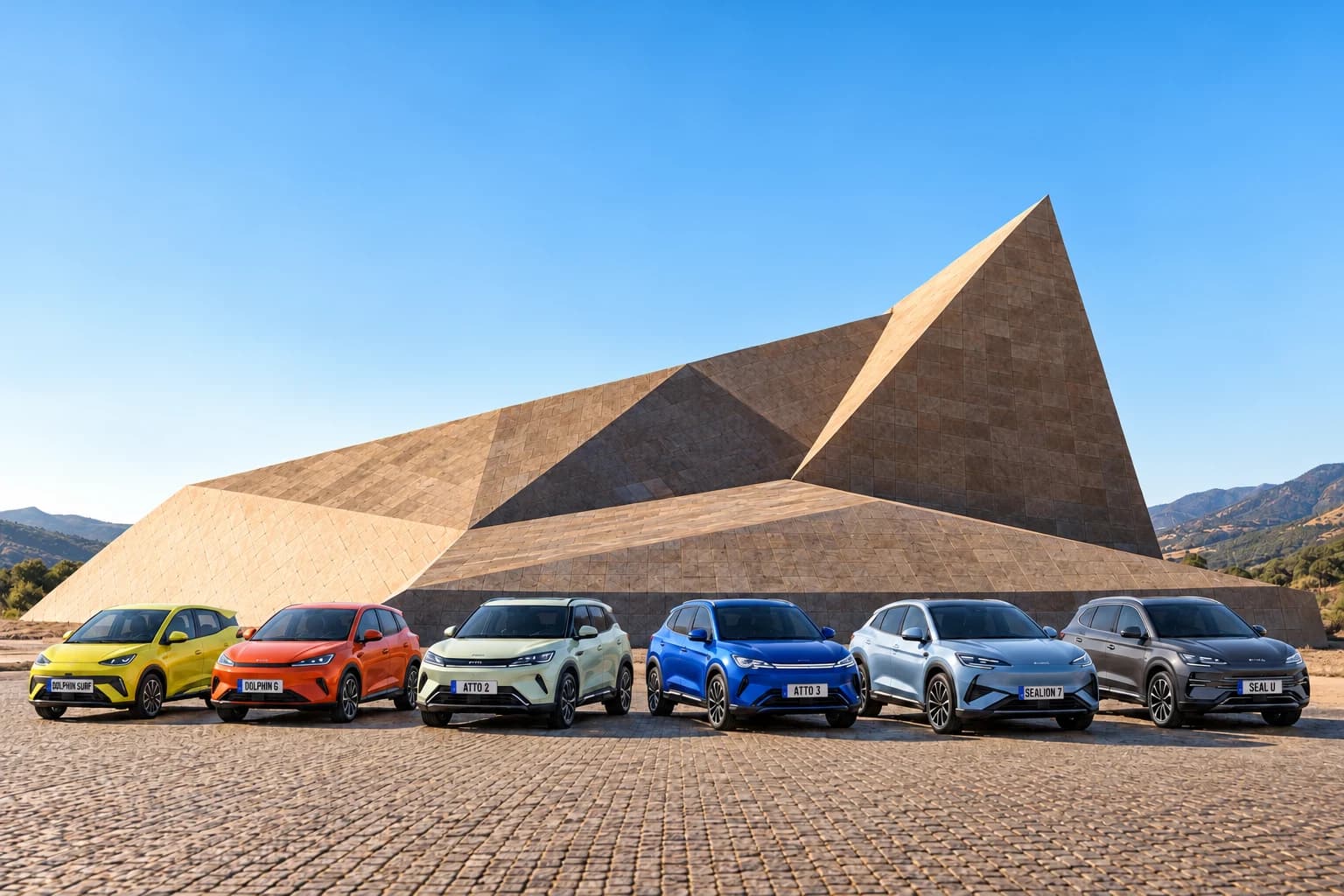 Seis modelos BYD en fila delante de una gran escultura de piedra