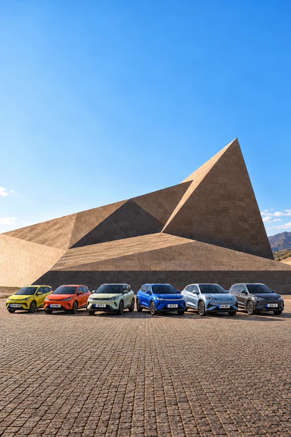 Seis modelos BYD en fila delante de una gran escultura de piedra