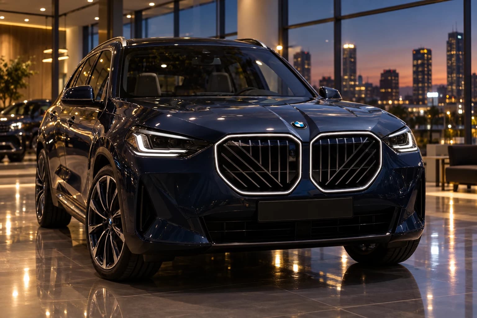 BMW azul oscuro expuesto en un concesionario moderno al anochecer