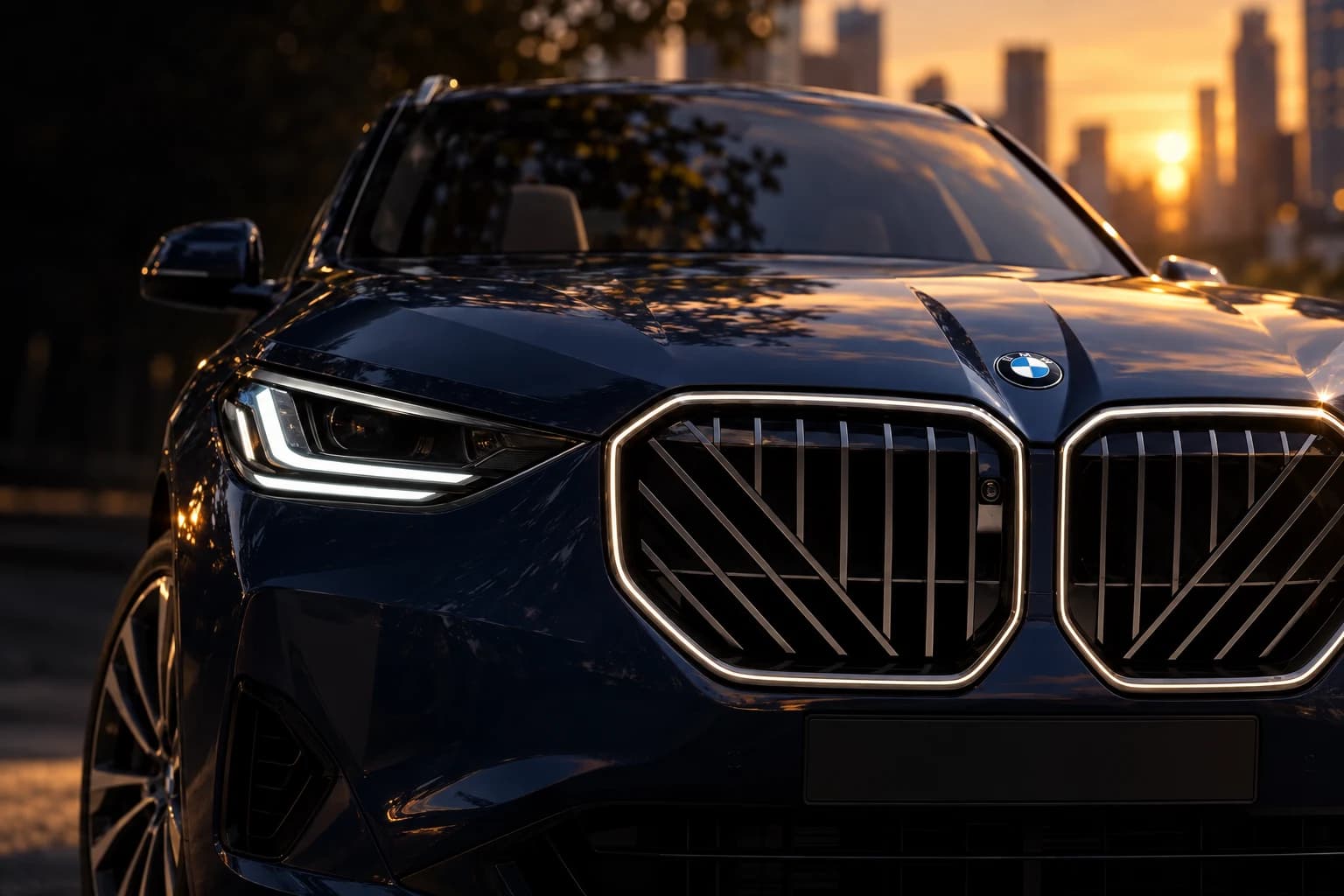 Primer plano de la parrilla iluminada y el faro de un BMW azul oscuro al atardecer